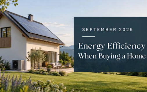 KI-Symbolbild eines Hauses mit Solaranlage und Wärmepumpe; Titel: Energieeffizienz beim Hauskauf, September 2026.