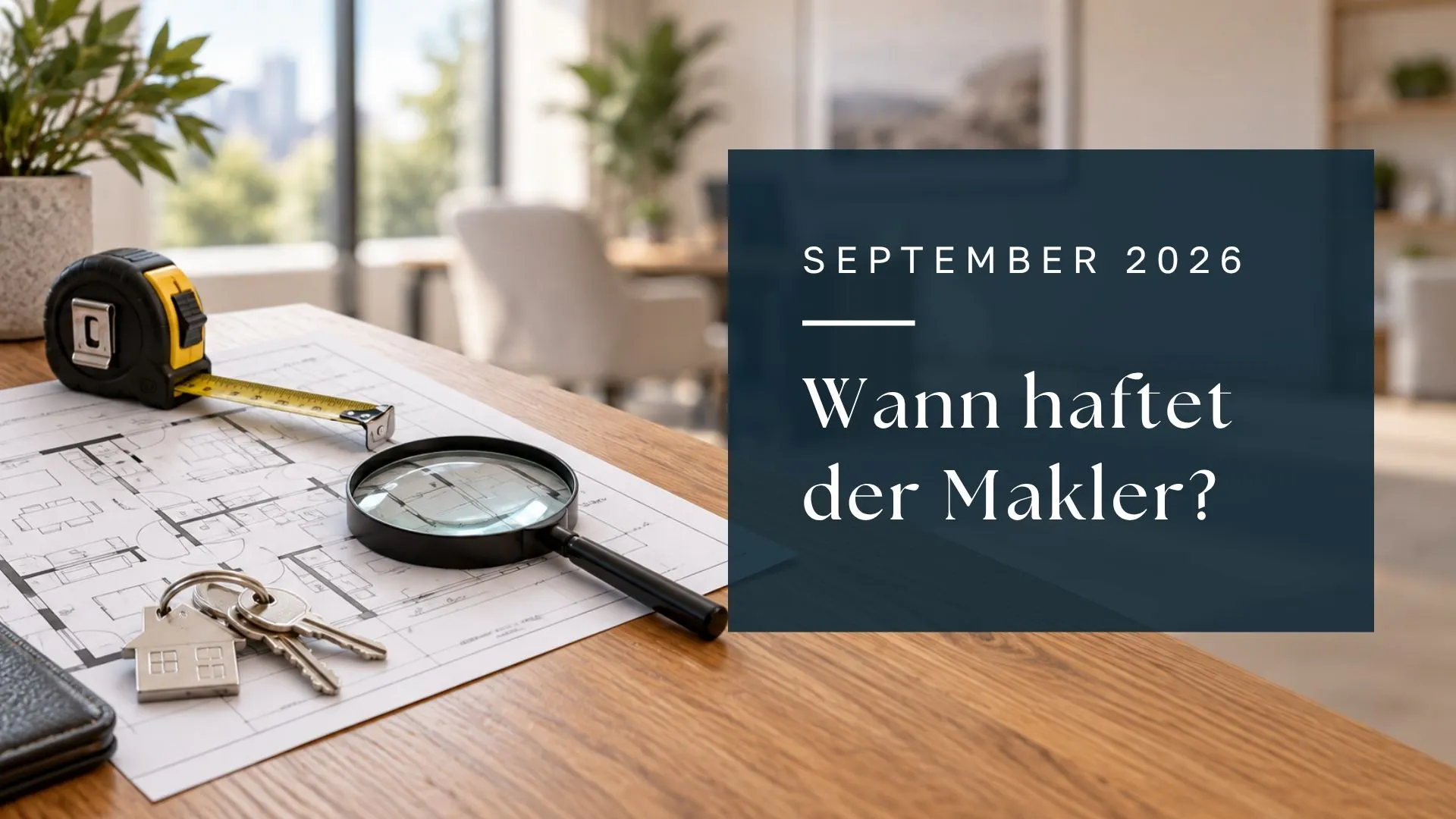 KI-Symbolbild mit Grundriss, Maßband und Lupe; Titel: Wann haftet der Makler?, September 2026.