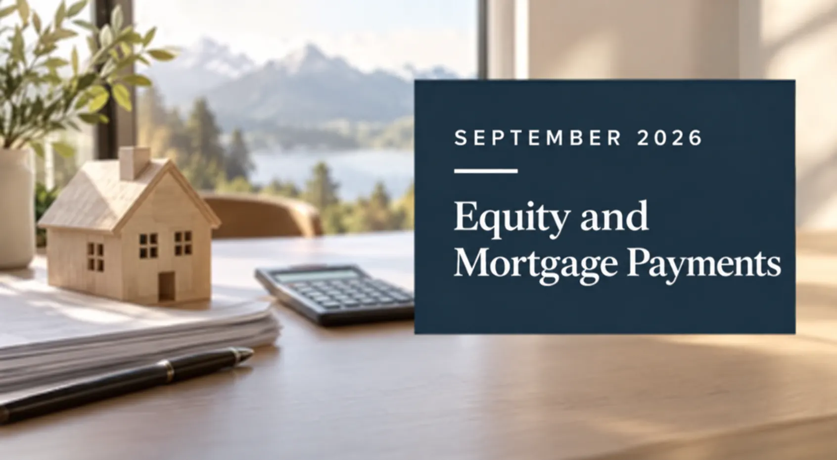 AI-generated image featuring a model house and financing documents; title: “Equity and Mortgage Payments,” September 2026.