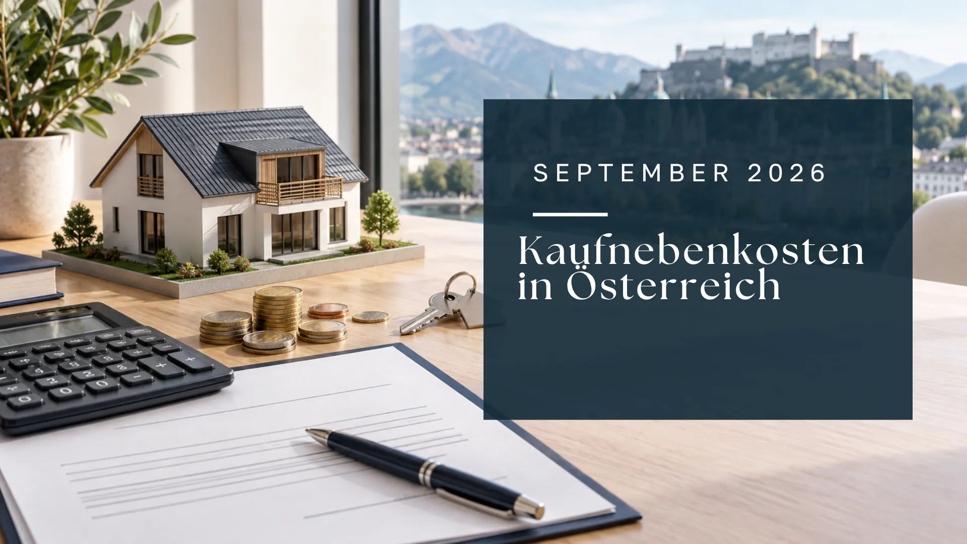 Titelbild zum Ratgeber „Kaufnebenkosten in Österreich: Was zum Kaufpreis dazukommt“; große zweizeilige Überschrift in Vorlage A, Hausmodell, Rechner, Münzen, Kaufvertrag und Schlüssel, September 2026.
