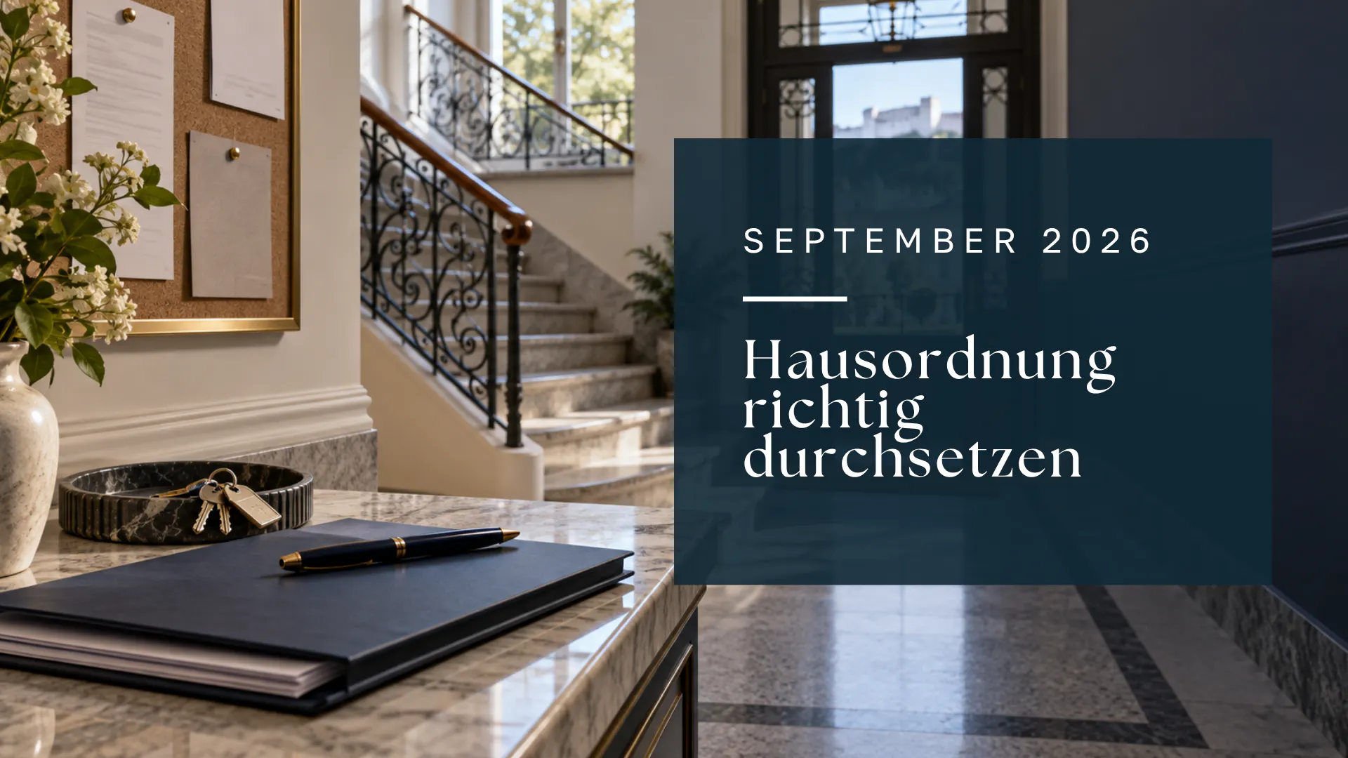 Titelbild zum Ratgeber „Hausordnung im Wohnungseigentum: Verstöße richtig behandeln“; Eingangsbereich eines Wohnhauses mit Stiegenhaus, Aushang, Schlüsseln und Unterlagen, September 2026.