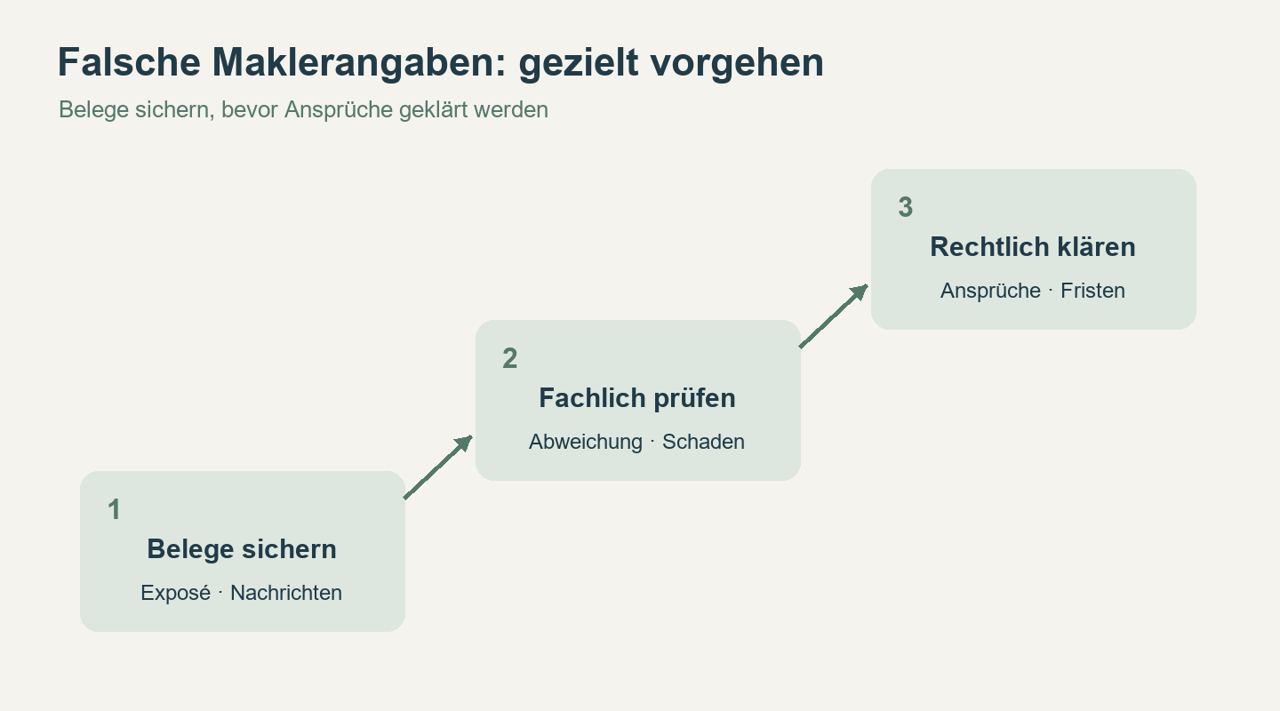 Prüftreppe bei möglichen Maklerfehlern: Belege sichern, Angaben fachlich prüfen und Ansprüche rechtlich klären.
