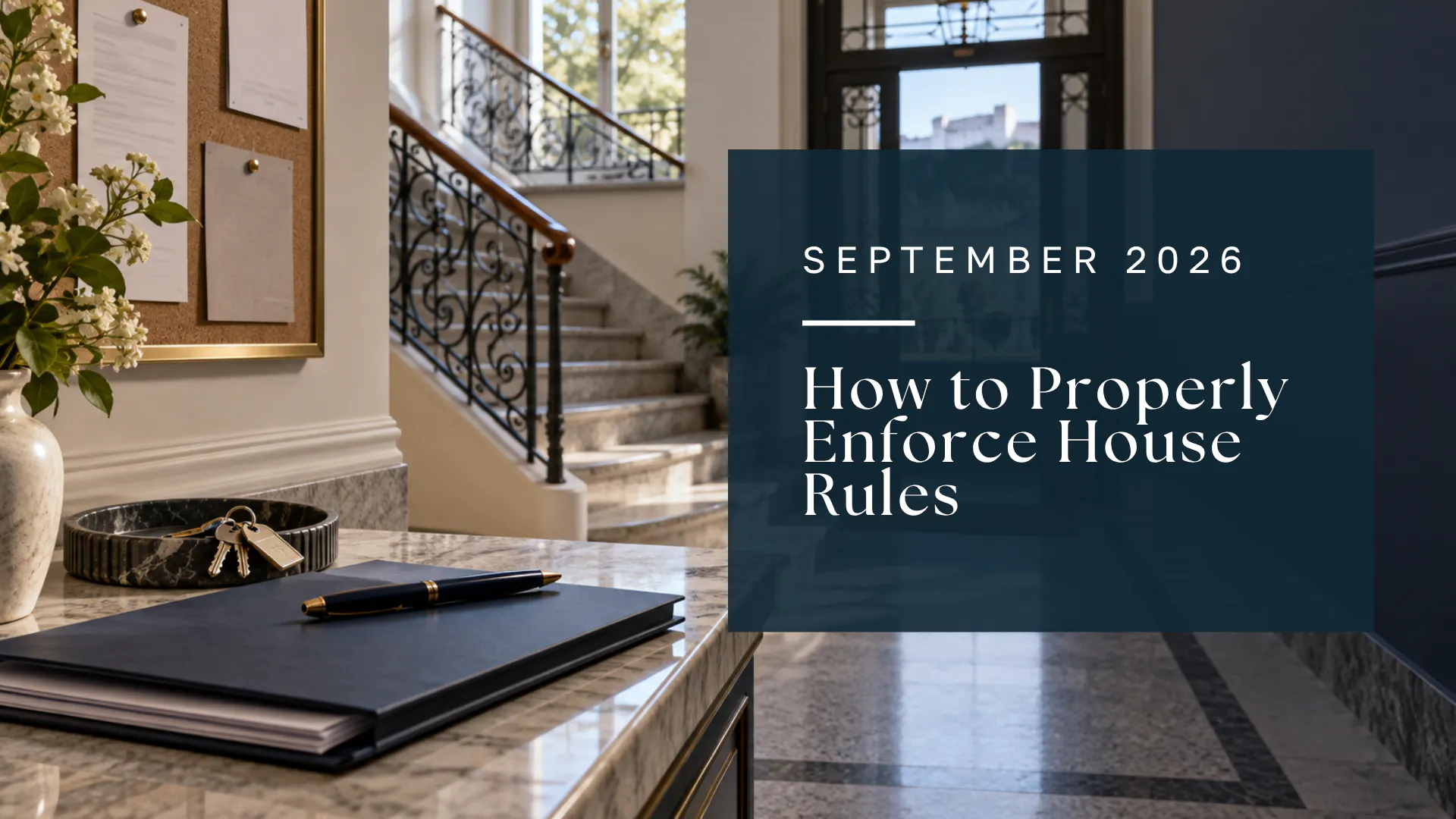 Cover image for the guide “House Rules in Condominium Ownership: How to Deal with Violations Properly”; entrance area of a residential building with a staircase, notice, keys, and documents, September 2026.