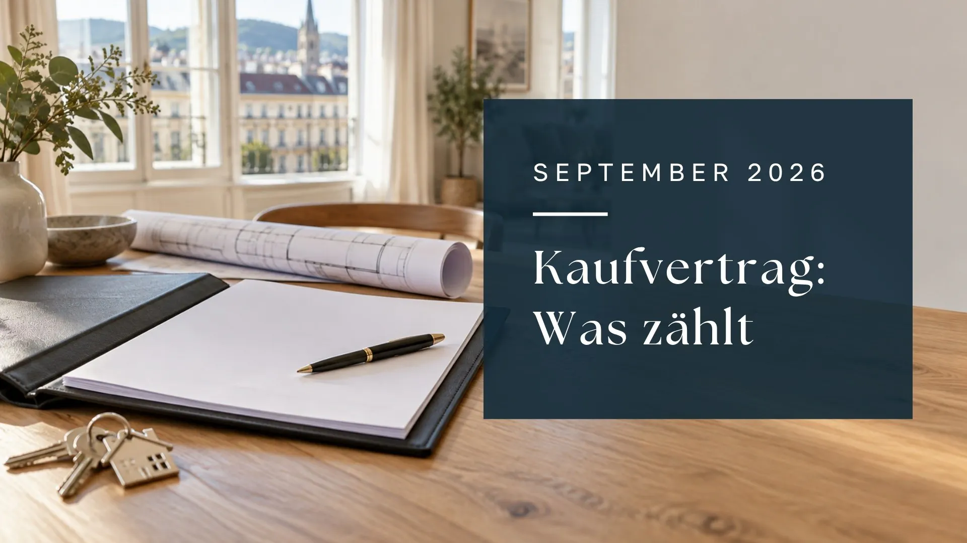 KI-Symbolbild mit Kaufvertragsunterlagen, Stift und Schlüsseln; Titel: Kaufvertrag – Was zählt, September 2026.