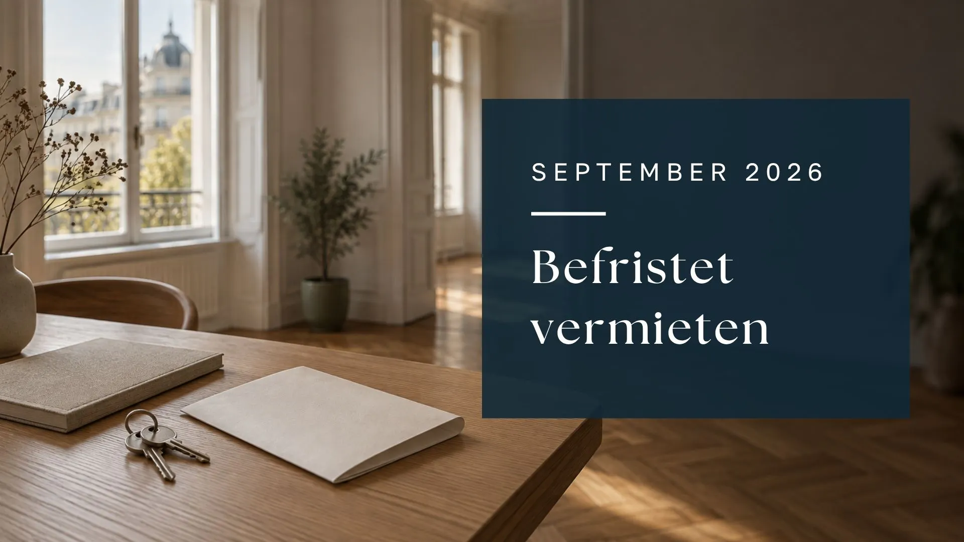 KI-Symbolbild mit Wohnungsschlüsseln und Kalender; Titel: Befristet vermieten, September 2026.