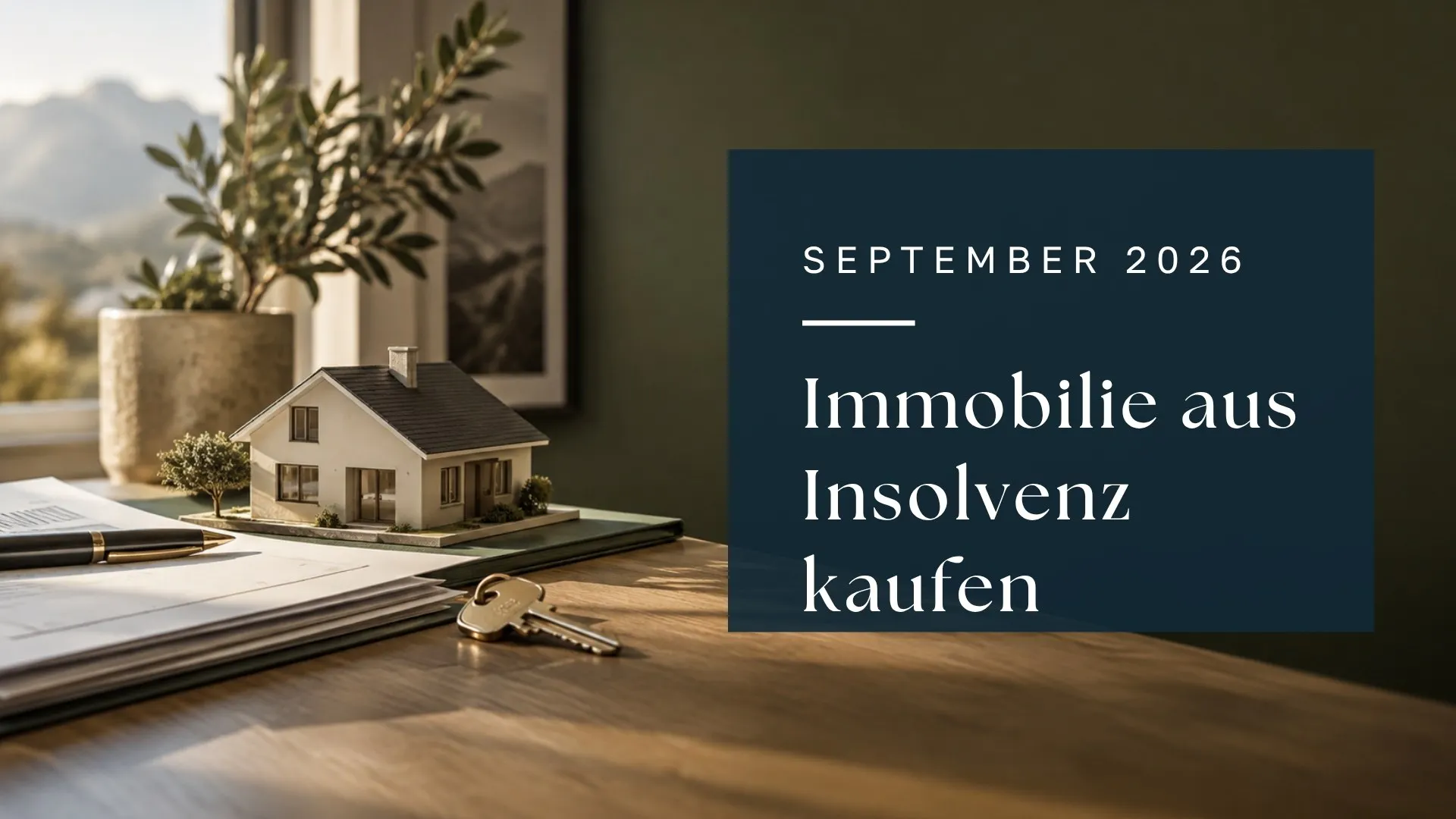 KI-Symbolbild: Hausmodell, Schlüssel und Vertragsunterlagen zum Immobilienkauf aus einer Insolvenz.
