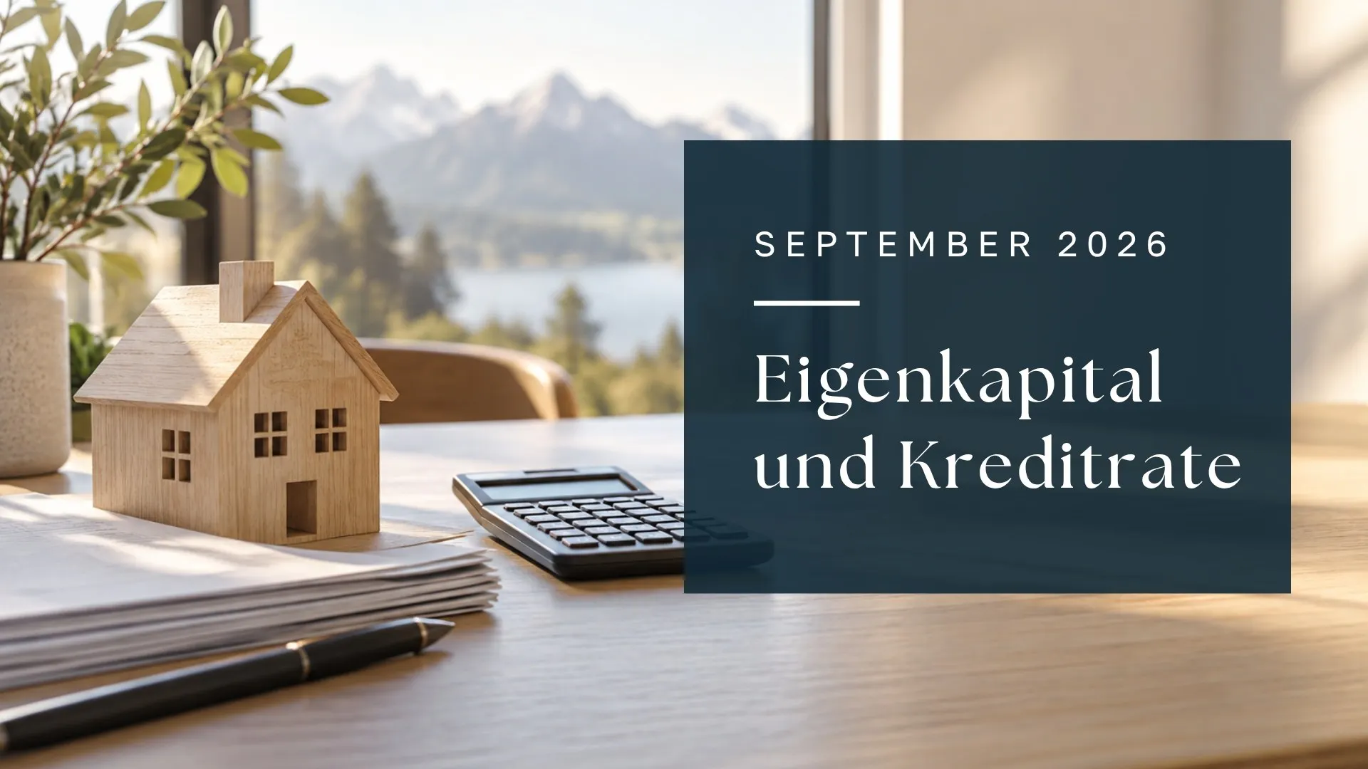 KI-Symbolbild mit Hausmodell und Finanzierungsunterlagen; Titel: Eigenkapital und Kreditrate, September 2026.