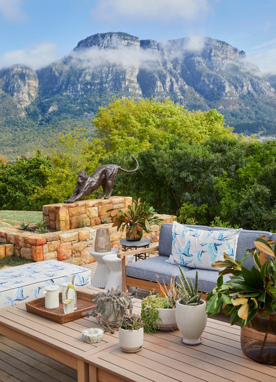 An outdoor seating area with mountain views holds a number of wooden-framed sofas, a central table holding a collection of potted succulents, and a few side tables made of wood, metal and other materials. A metal sculpture of a stretching big cat is visible to the left.