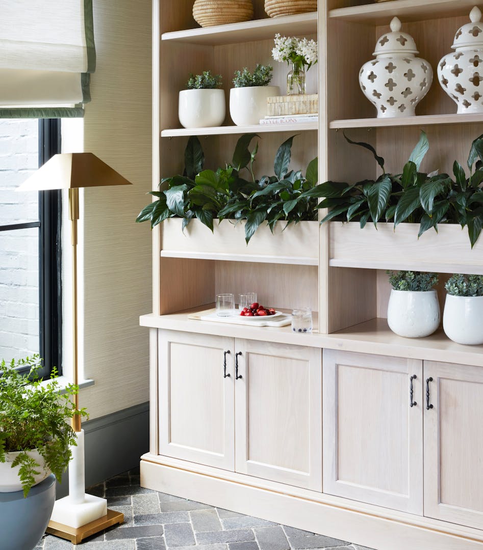Light wood cabinets are seen from an angle, with a standing lamp in front of them. On their shelves are ceramic vessels, potted plants, and plants that seem to have been planted directly into shelves made to accommodate them