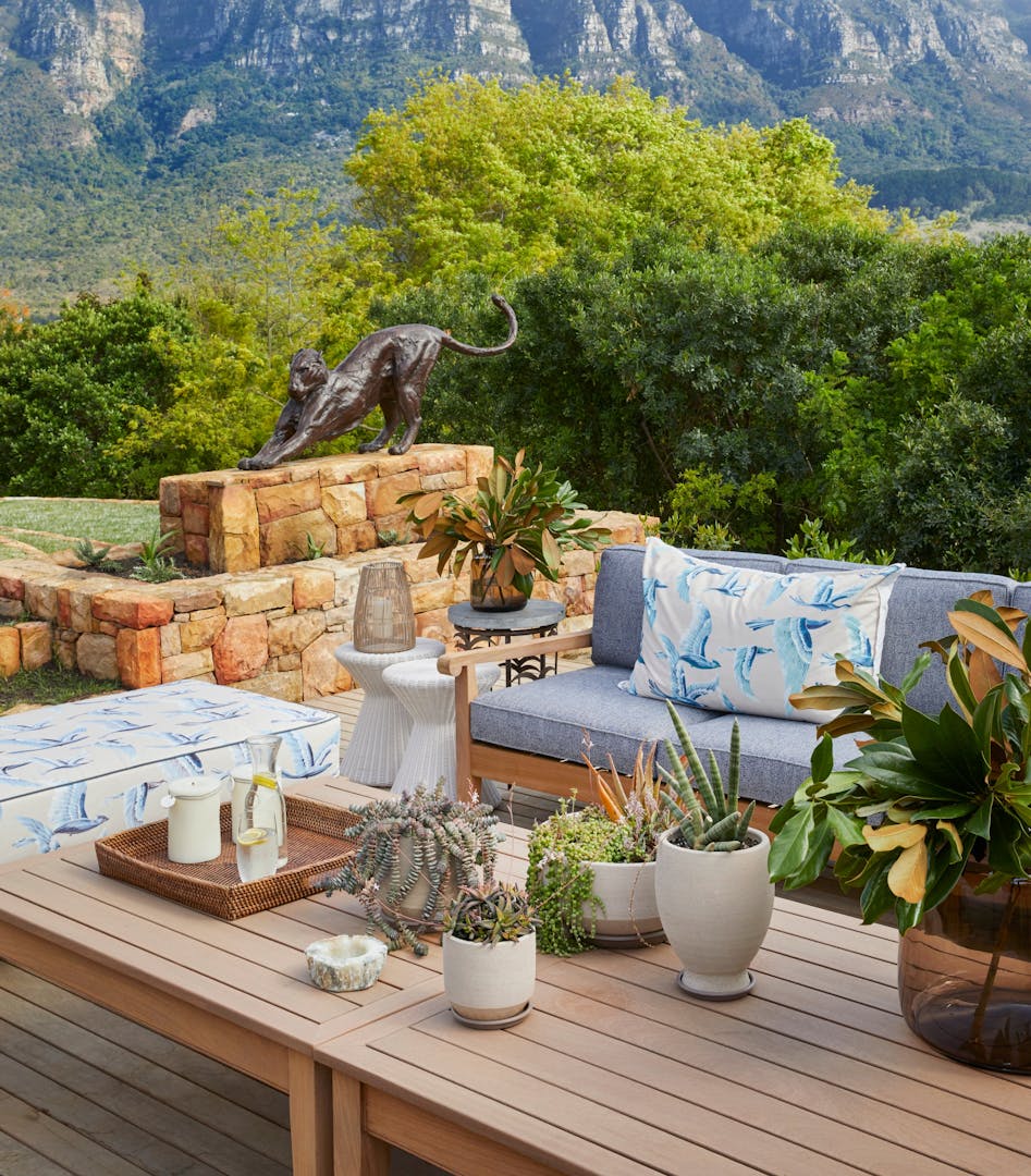 An outdoor seating area with mountain views holds a collection of wooden-framed sofas, a central table holding a collection of potted succulents, and a few side tables made of wood, metal and other materials. A metal sculpture of a stretching big cat is visible behind this area on a raised stone platform