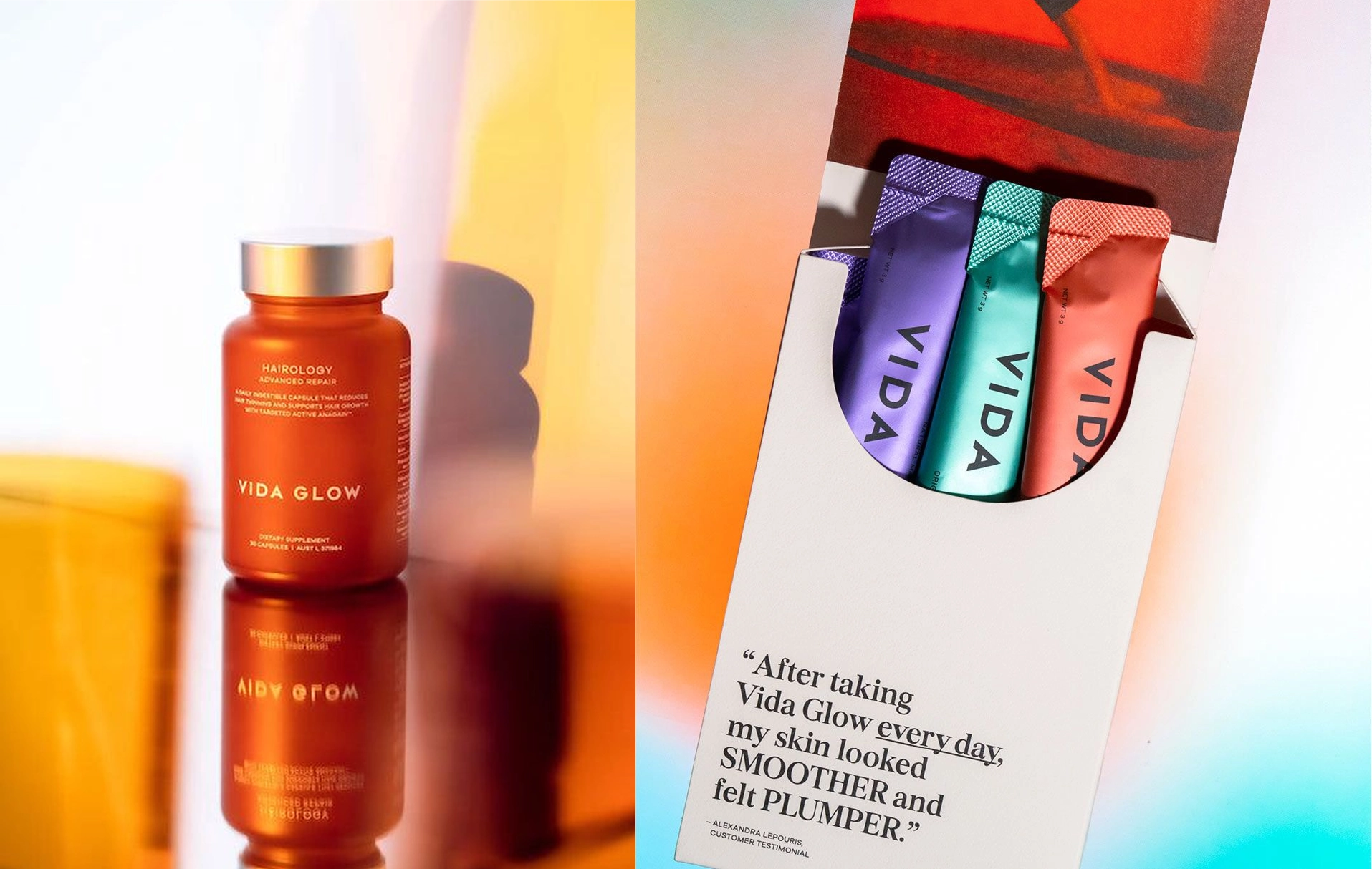 Vida Glow — marine collagen packaging design: matte glass jars and colorful sachets