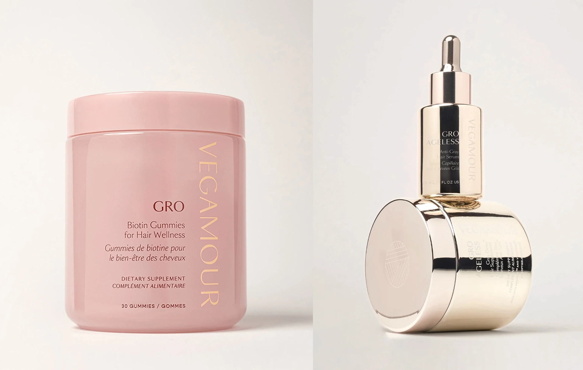 Vegamour — dusty rose hair supplement packaging with gold foil