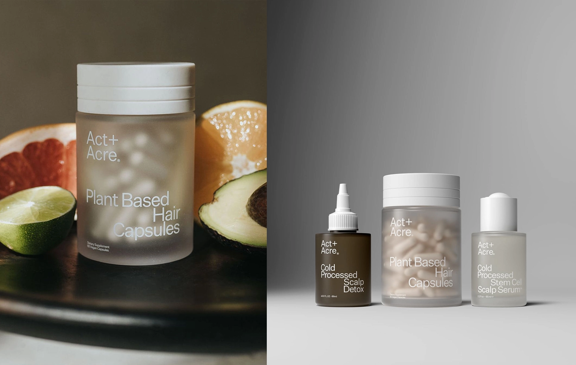 Act+Acre — hair capsules in spa minimalism next to scalp care