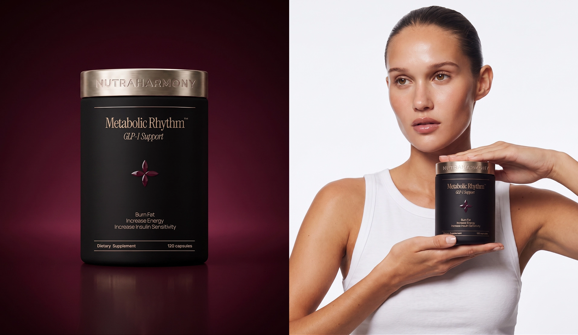 NutraHarmony after the SIRKA rebrand — a black supplement jar with a metal cap and gold typography