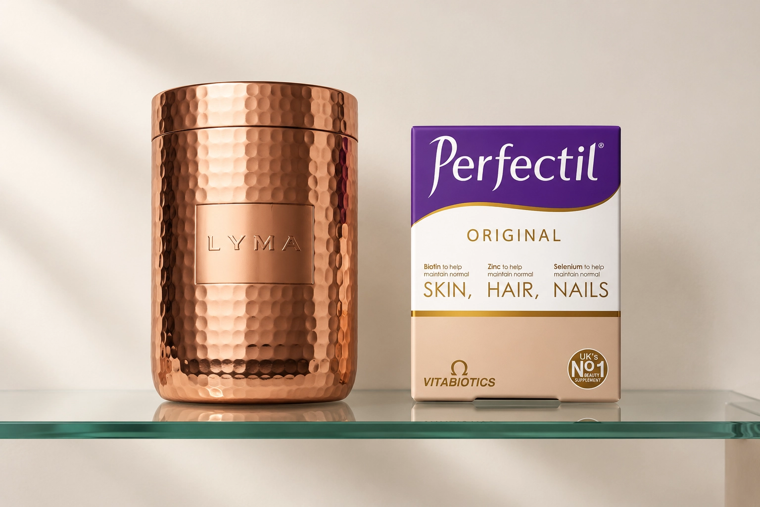 Perfectil and Lyma — a pharmacy supplement box next to a luxury nutricosmetics jar