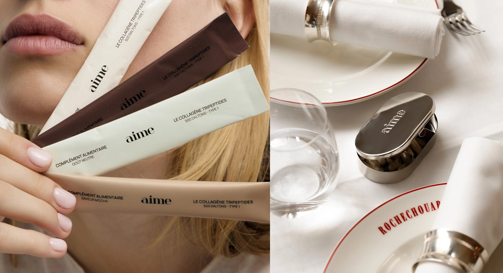 Aime — collagen sticks in a nude palette and a silver pillbox clutch
