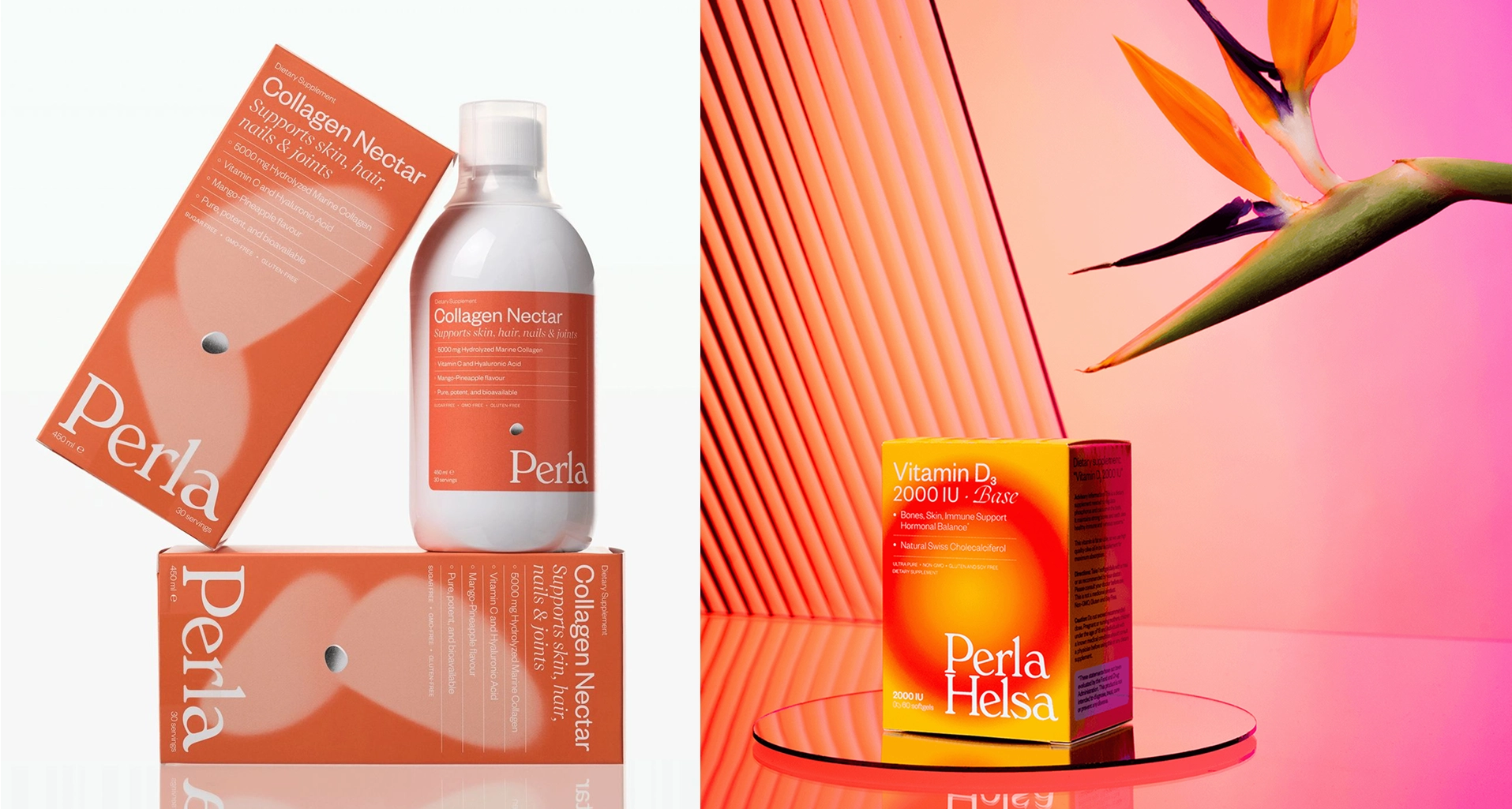 Perla Helsa — beauty supplement packaging with gradients and a pearl image