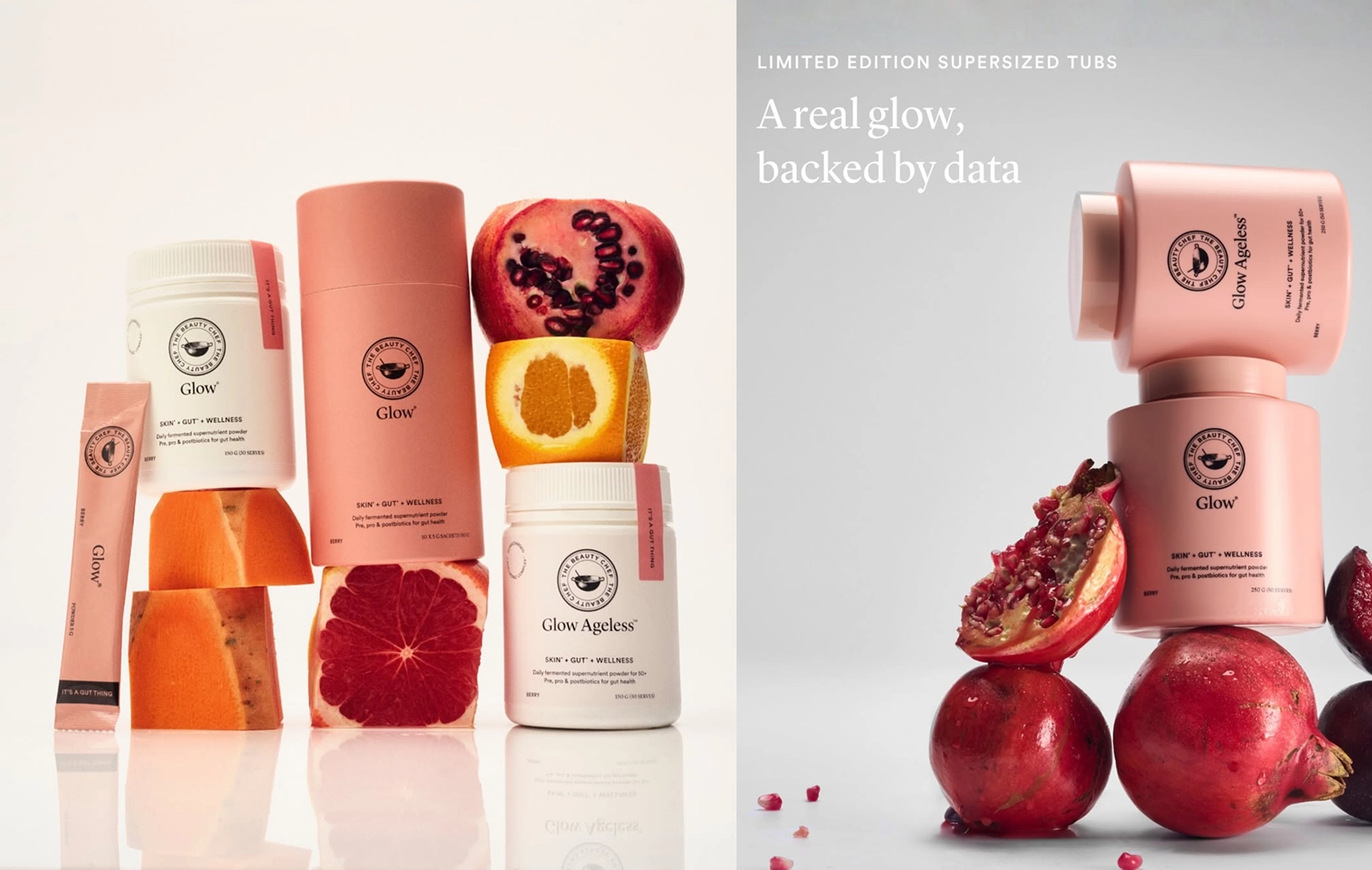 The Beauty Chef — powdery pink Glow supplement jars with a stamp emblem