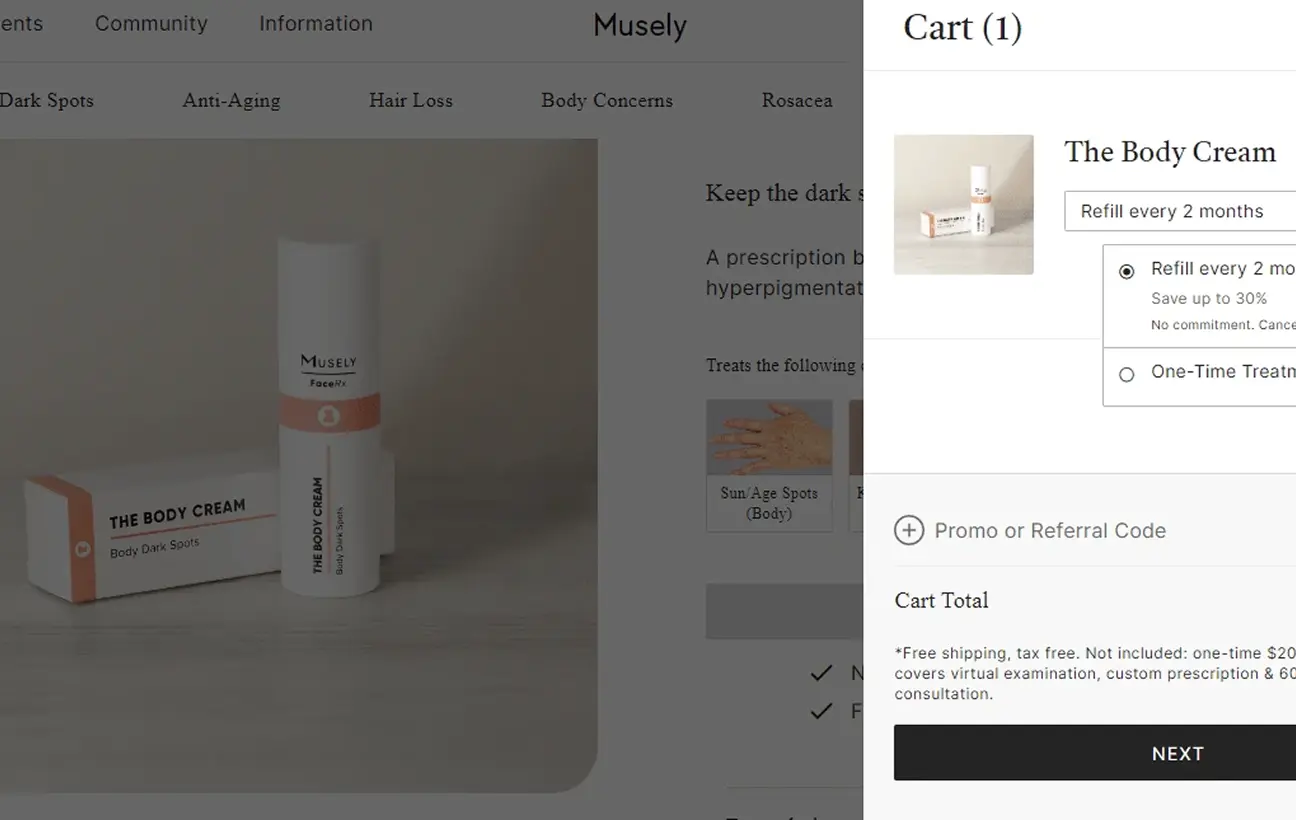 Musely скриншот корзины Shopify