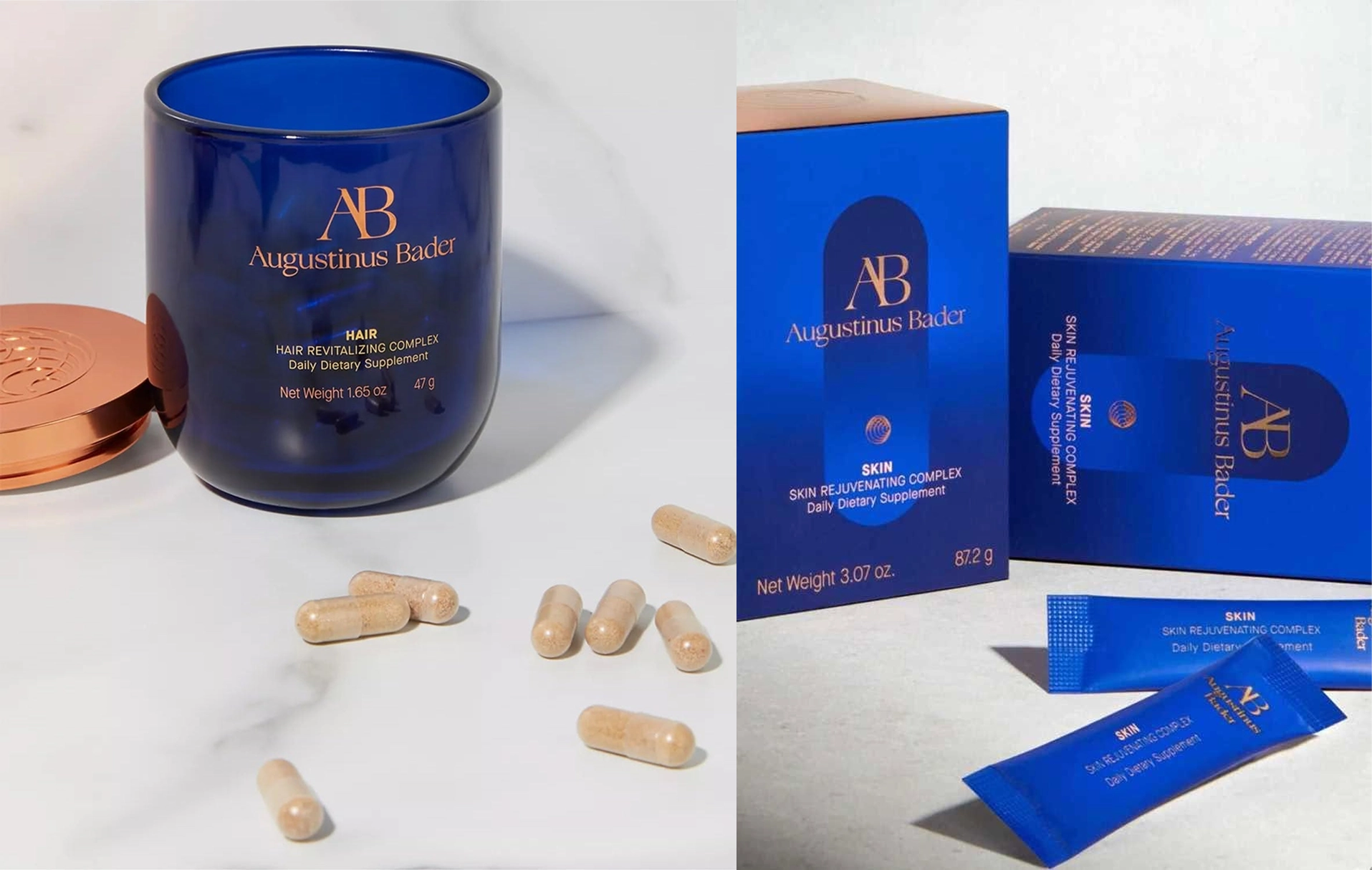 Augustinus Bader — cobalt blue beauty supplement jar with a copper cap