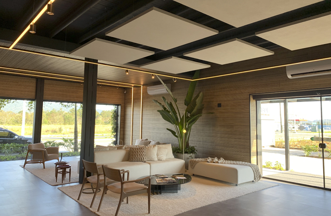 Revestimeto ripado acústico swissclic com nuvens quadradas