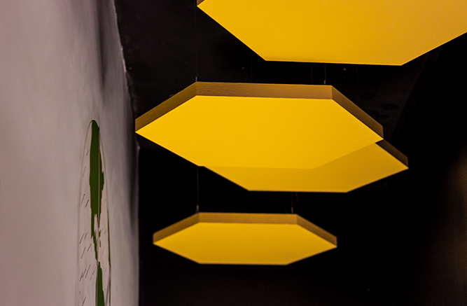 forro de la de vidro para teto - nuvem acústica hexagonal