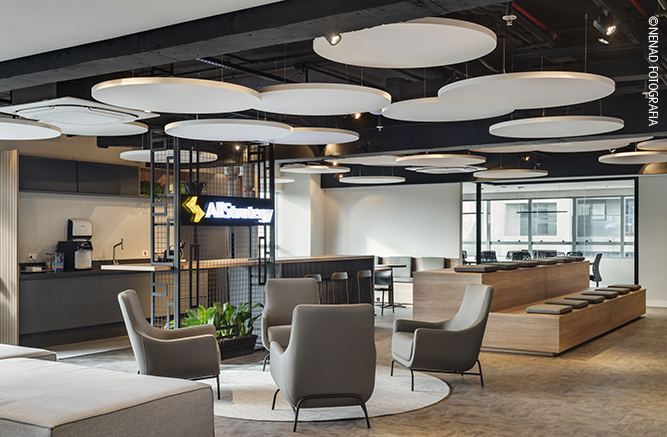 nuvens acústicas circulares suspensas por cabo de aço