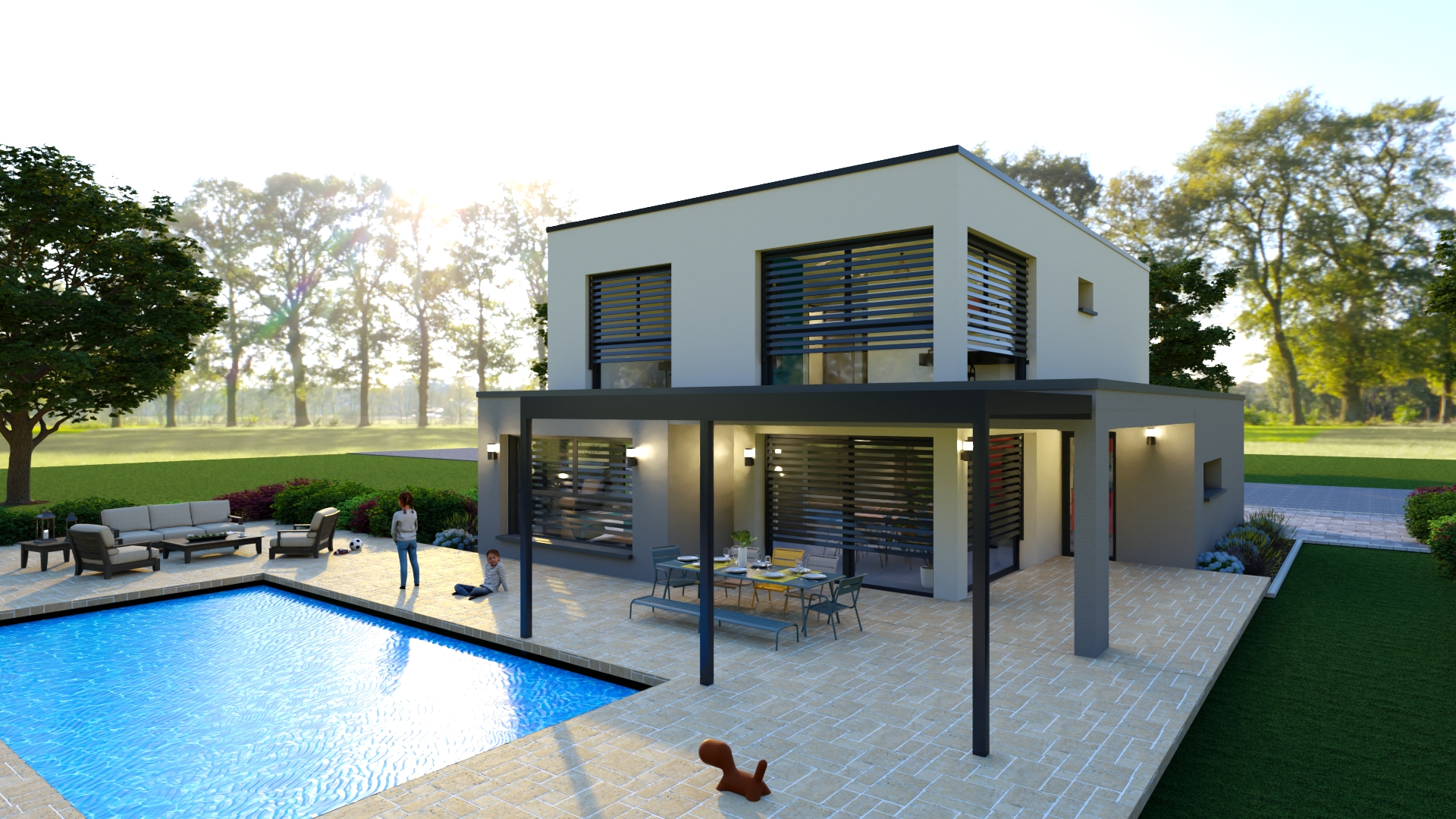 Maison avec pergolas et piscine