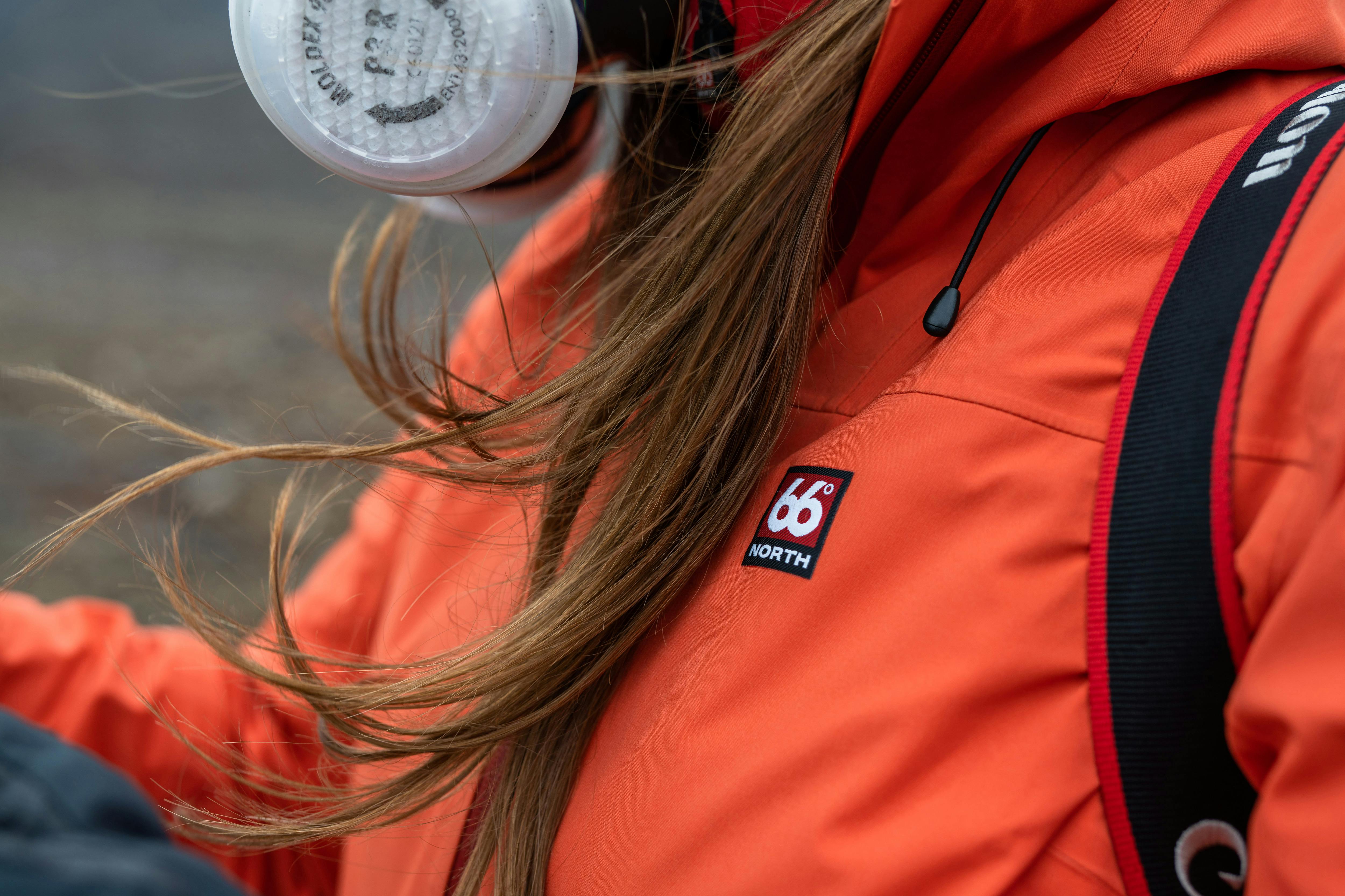 Helga in a gas mask and a 66°North jacket