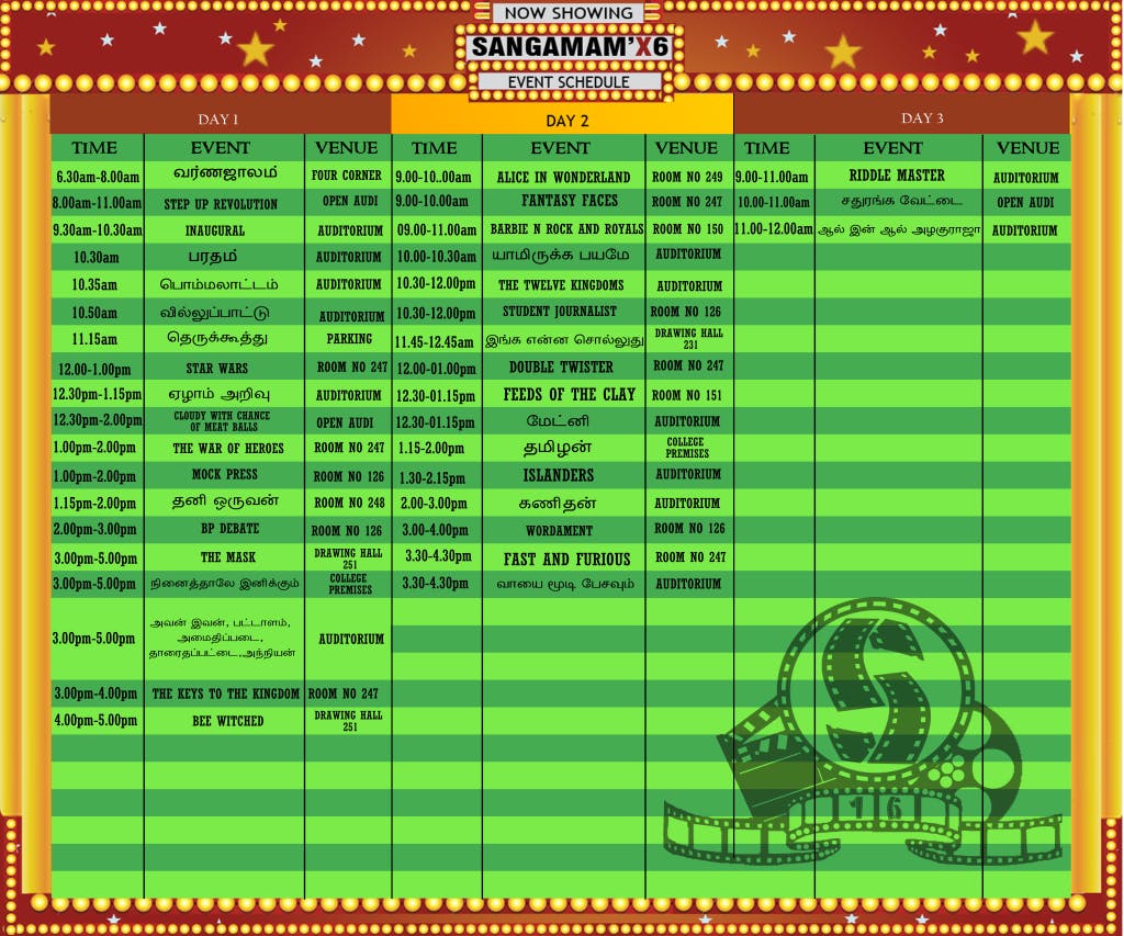 Sangamam 2016 - Schedule of events