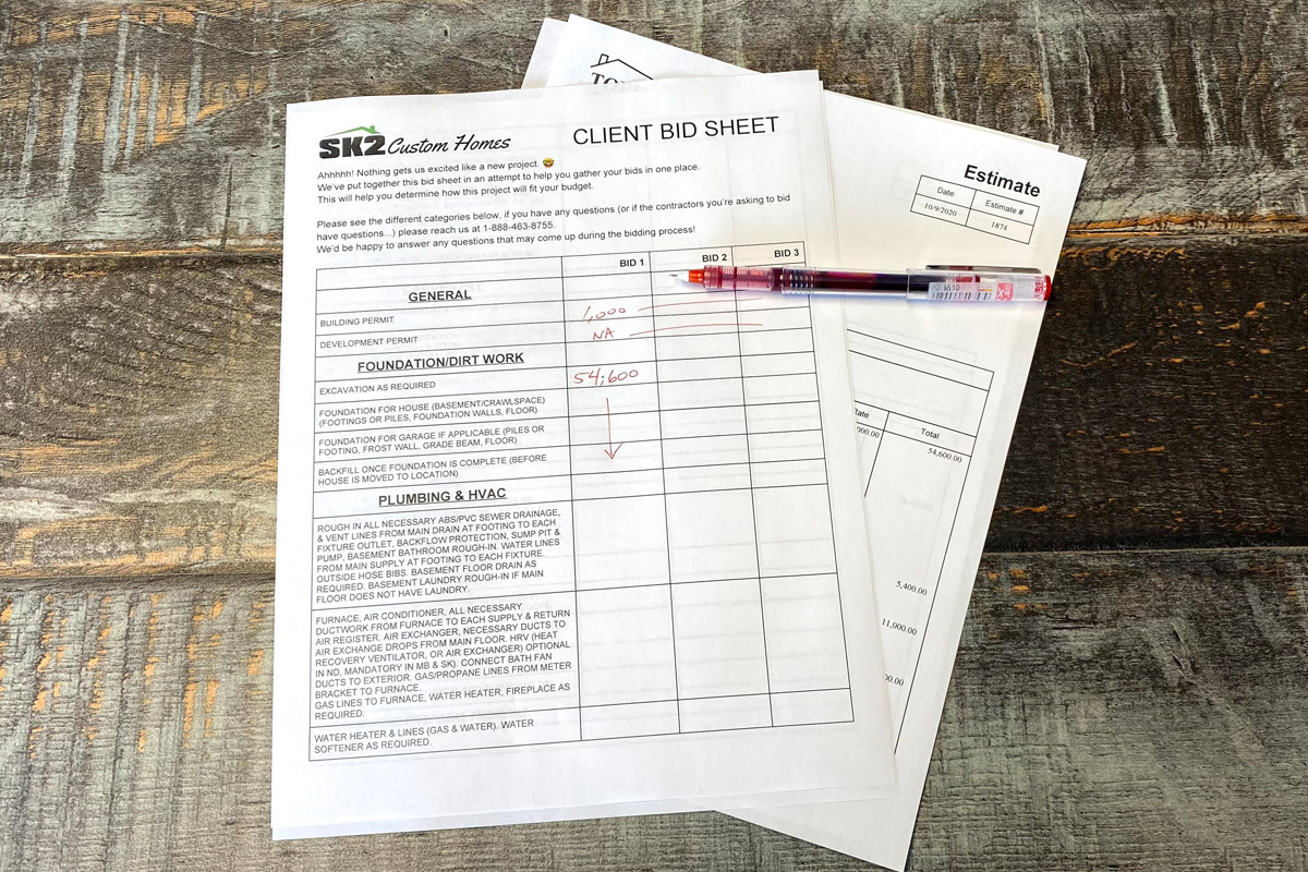home building bid sheet