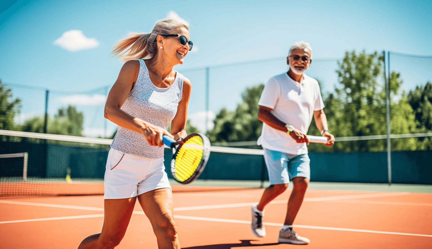 Couple de jeunes retraités qui jouent au tennis