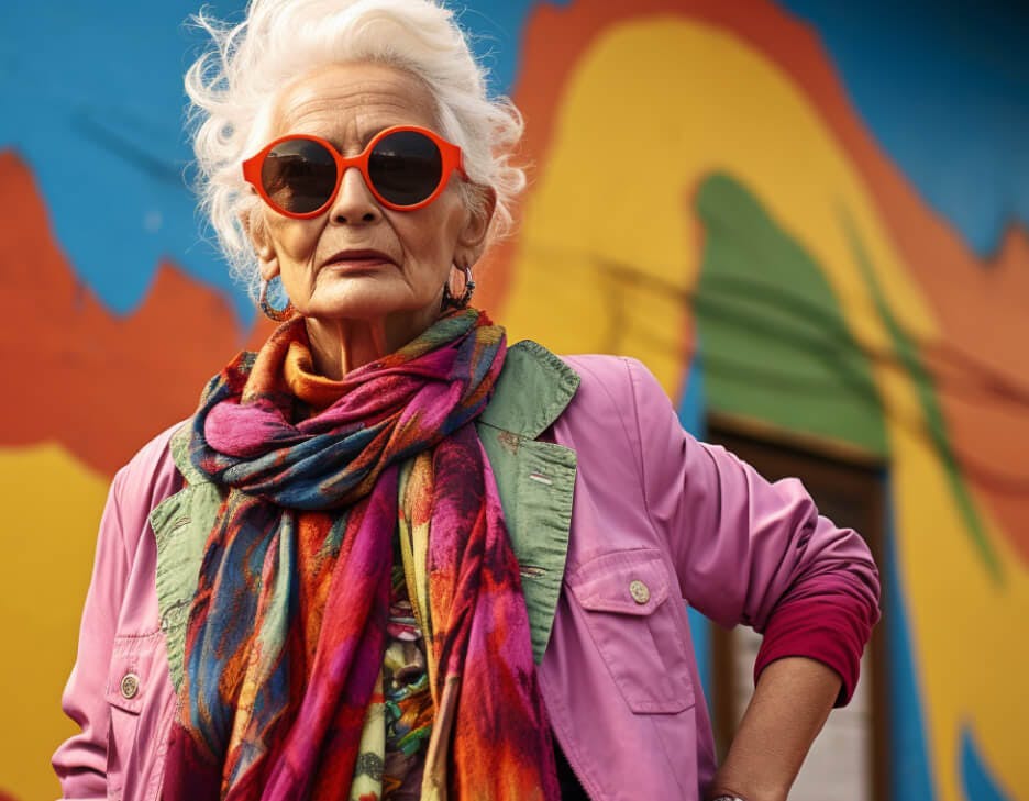 Femme de 70 ans habillée de manière colorée