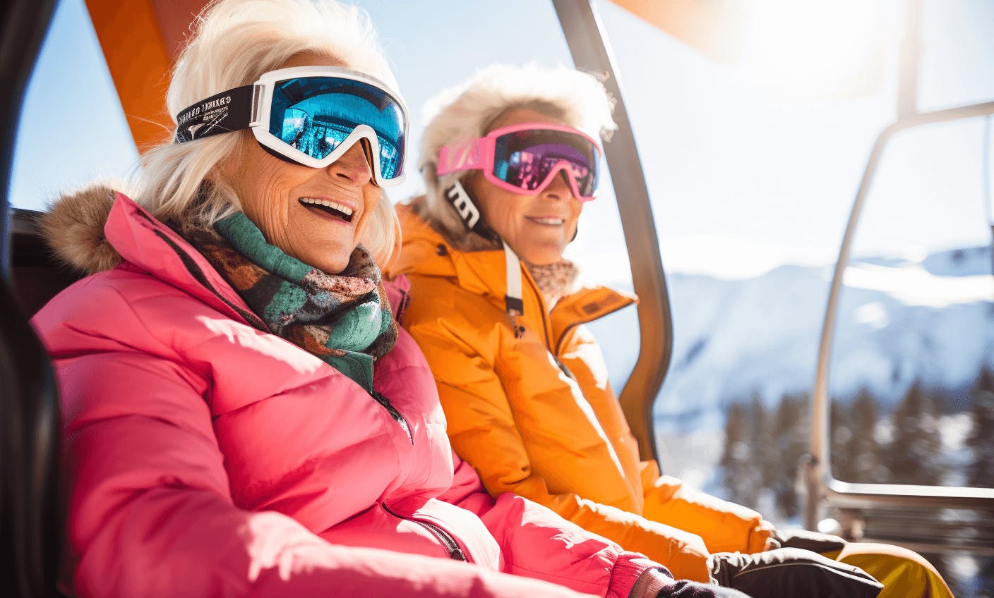 deux femmes de 70 ans dans un télésiège au ski