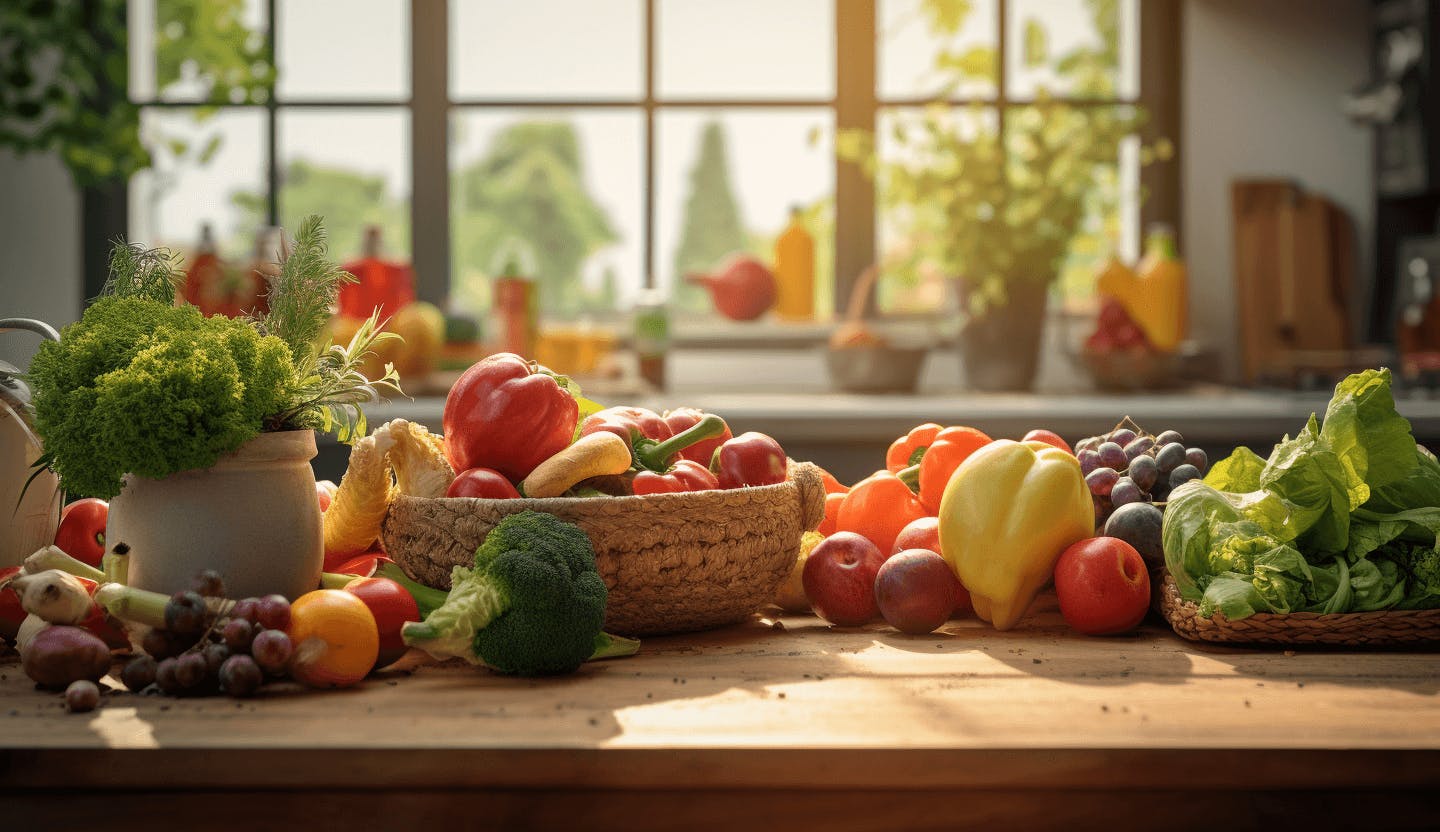 Fruits et légumes sur un plan de travail de cuisine 