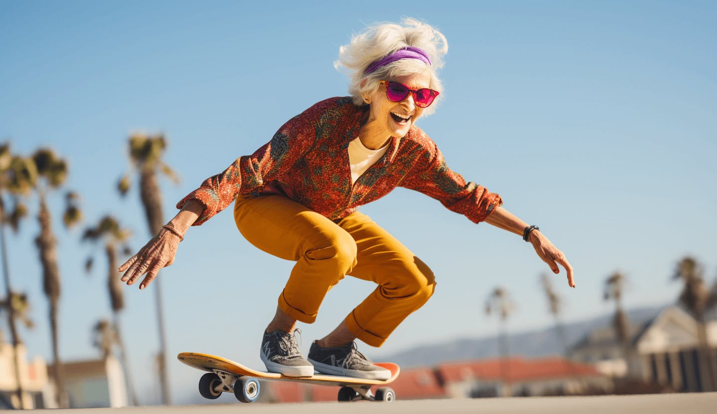 Femme de 70 ans sur un skateboard