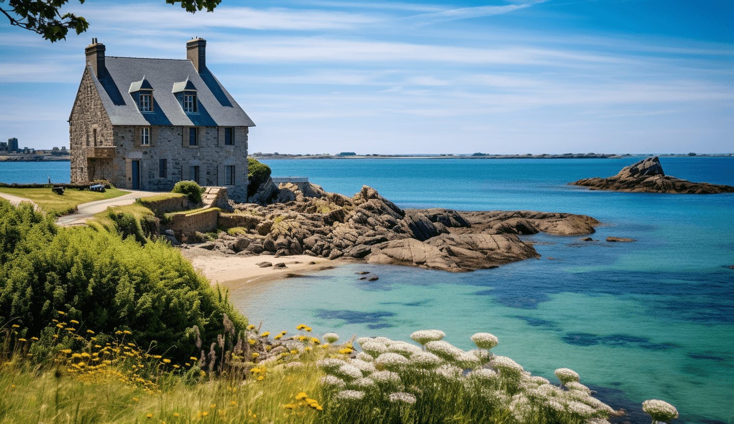 Paysage breton avec maison en bord de mer