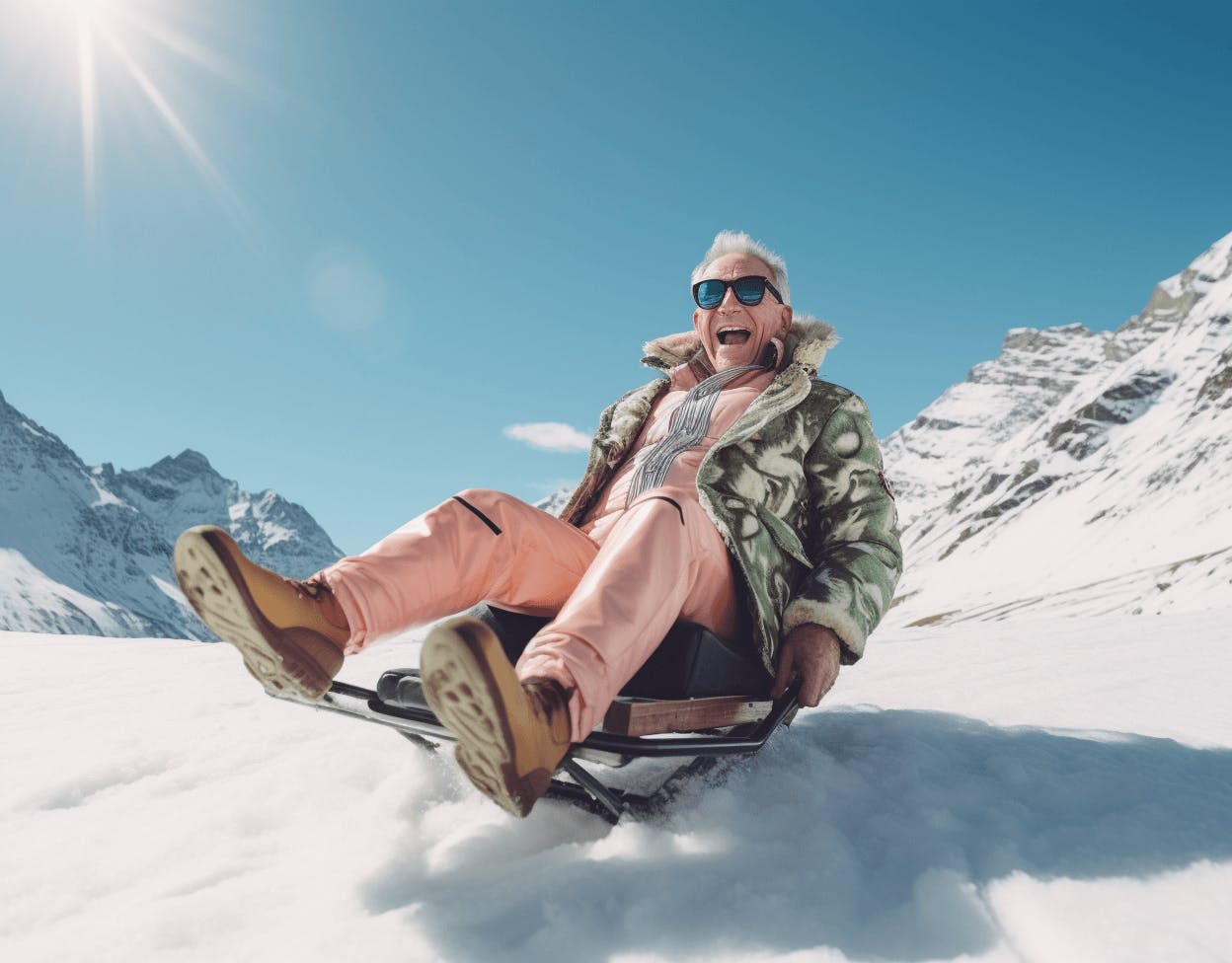 Homme de 70 ans faisant de la luge