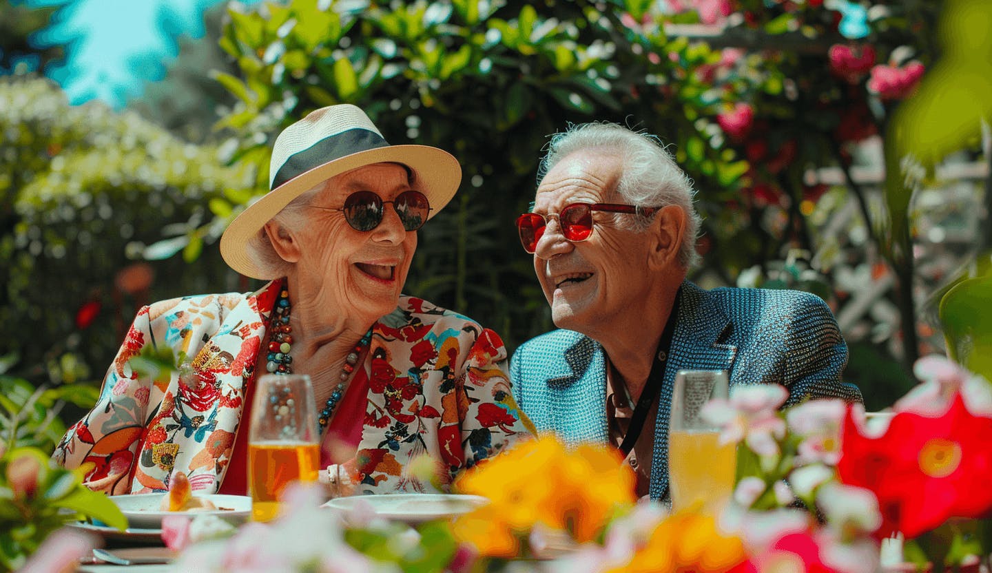 Couple à la retraite partageant un repas dans un jardin
