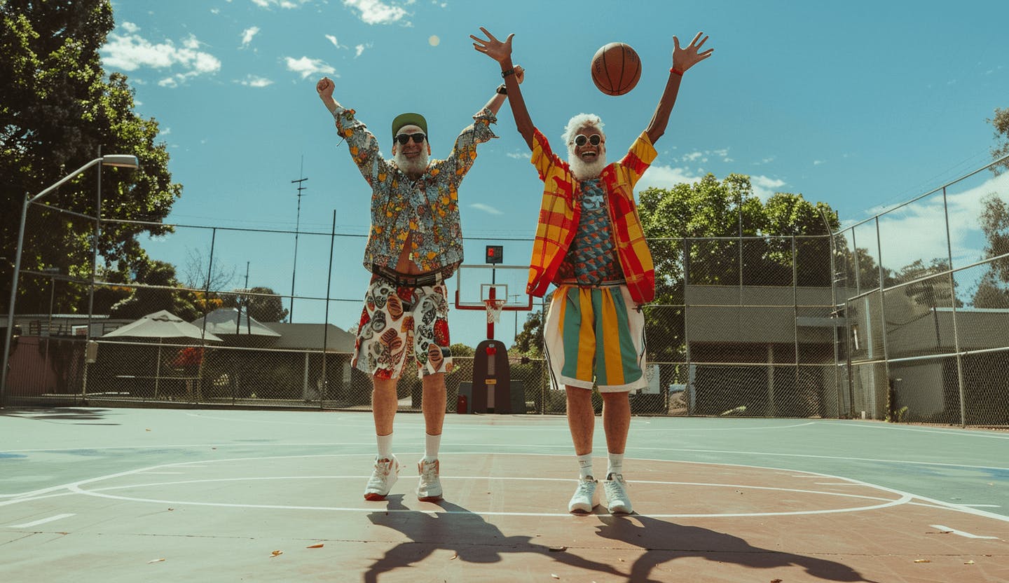 hommes célébrant sur un terrain de basket