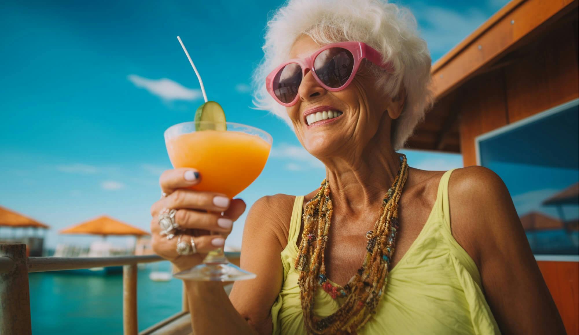 femme de plus de 60 ans avec un cocktail