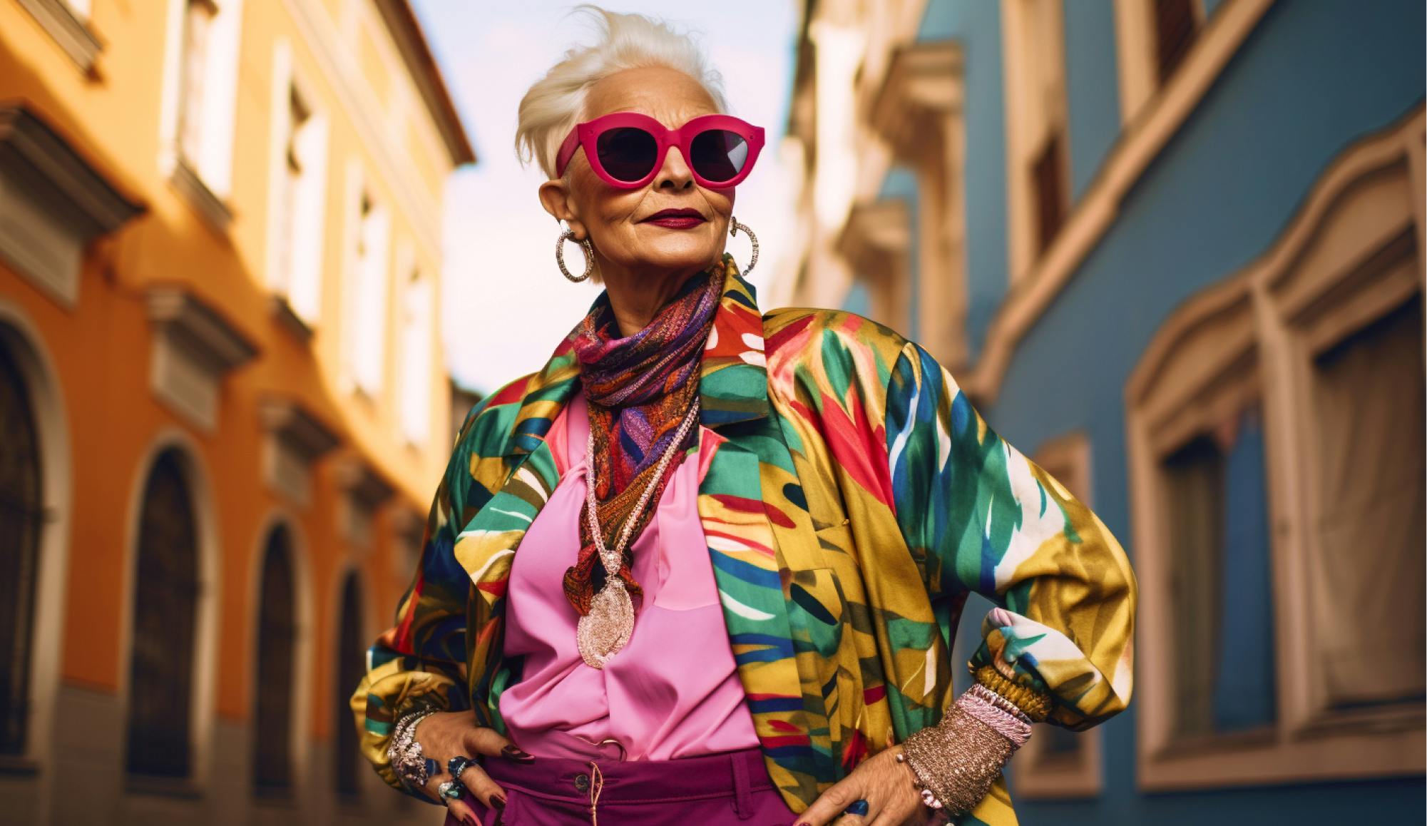femme de 60 ans habillée avec des couleurs vives