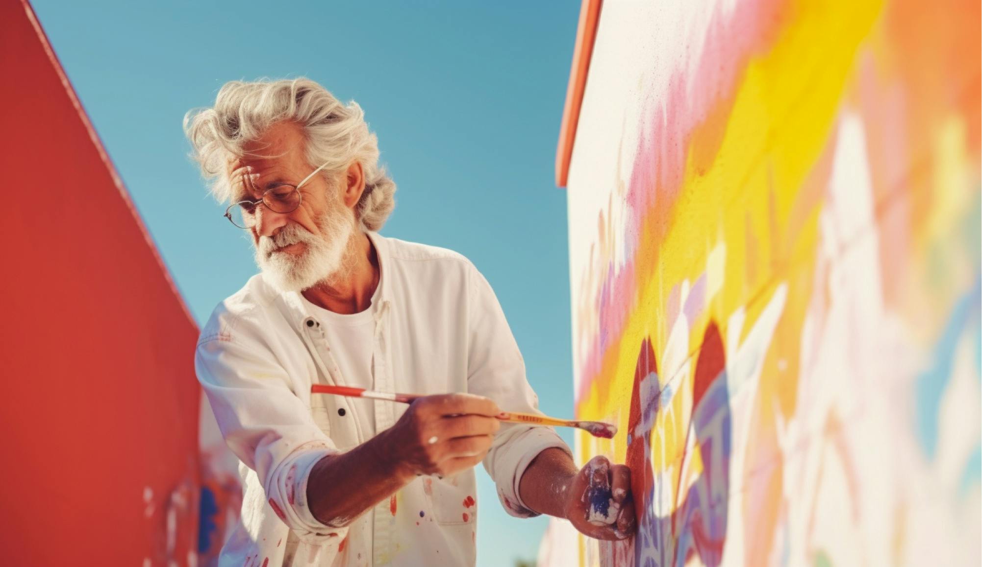 Un homme peint un mur avec des couleurs vives