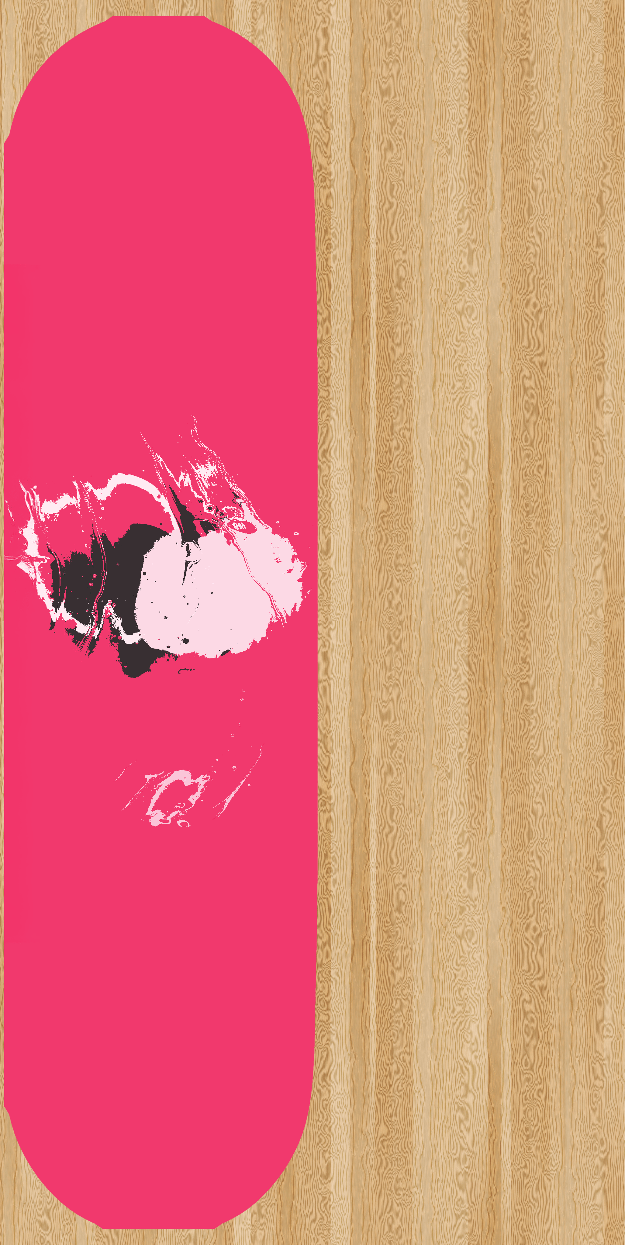 Pink skateboard deck with abstract graphics.