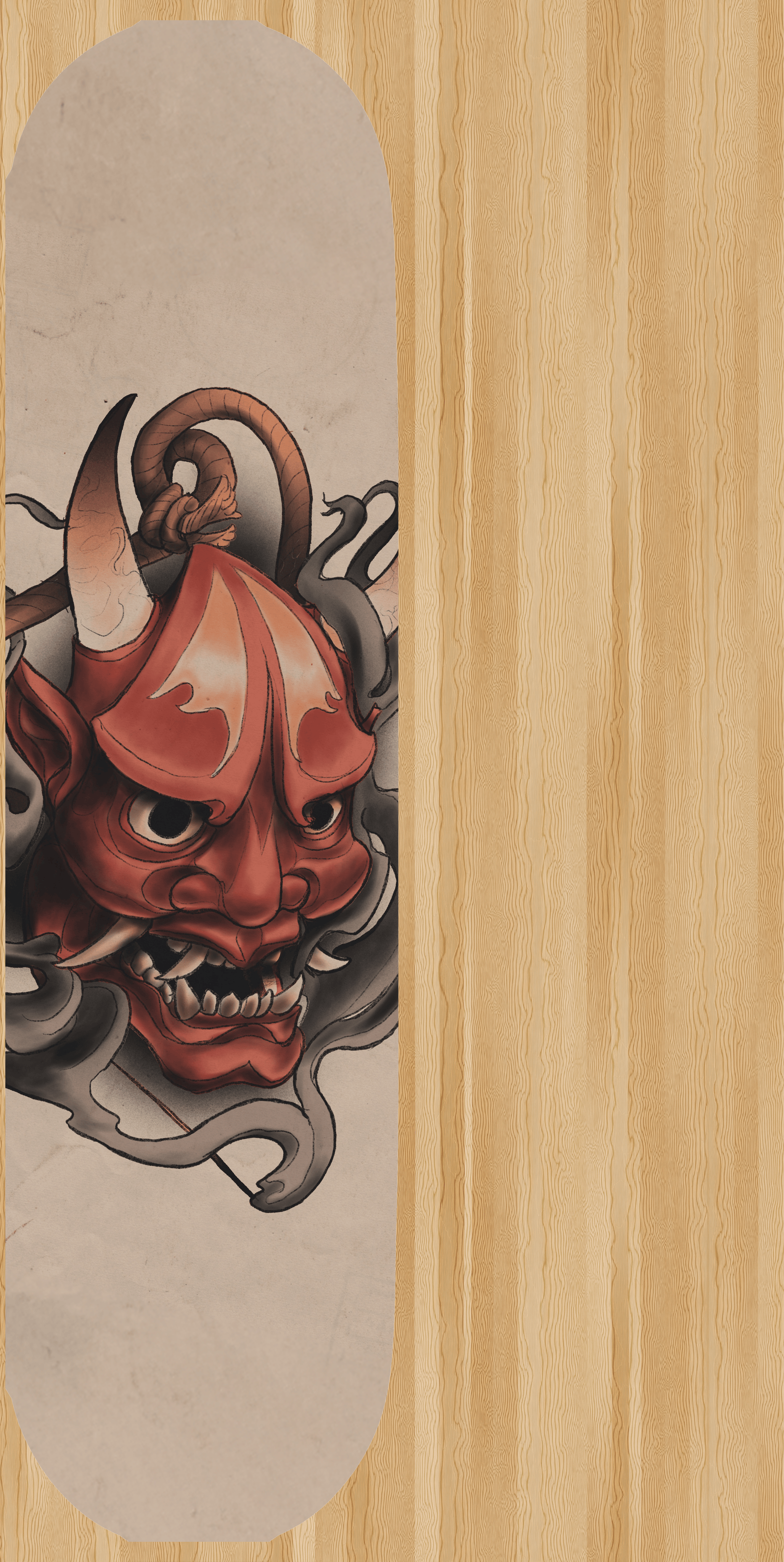 Skateboard deck with an oni mask.