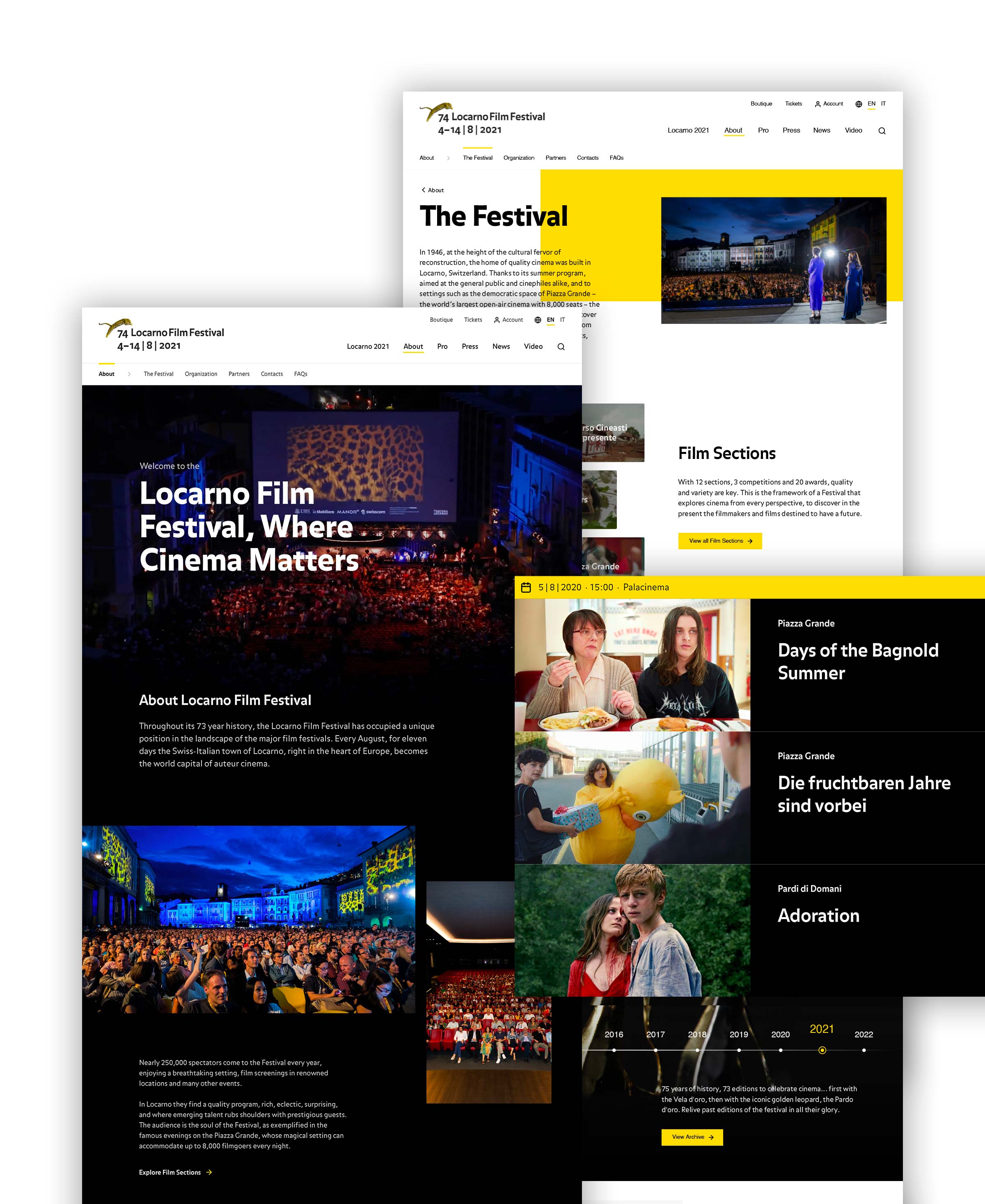Interfacce principali della piattaforma Locarno Film Festival