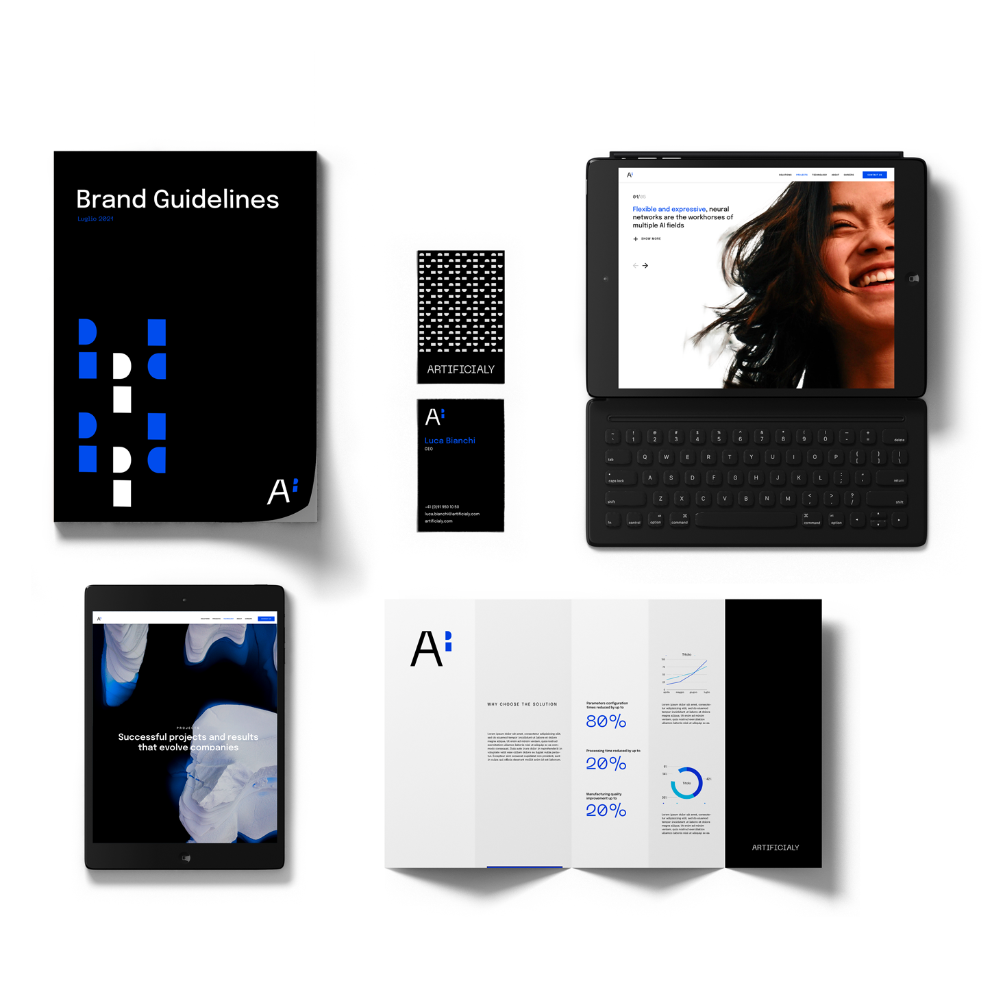 Sketchin Services, Brand experience and identity - Collection of Artificialy brand guidelines materials, including booklet, tablet, business cards, and tablet showing the website.