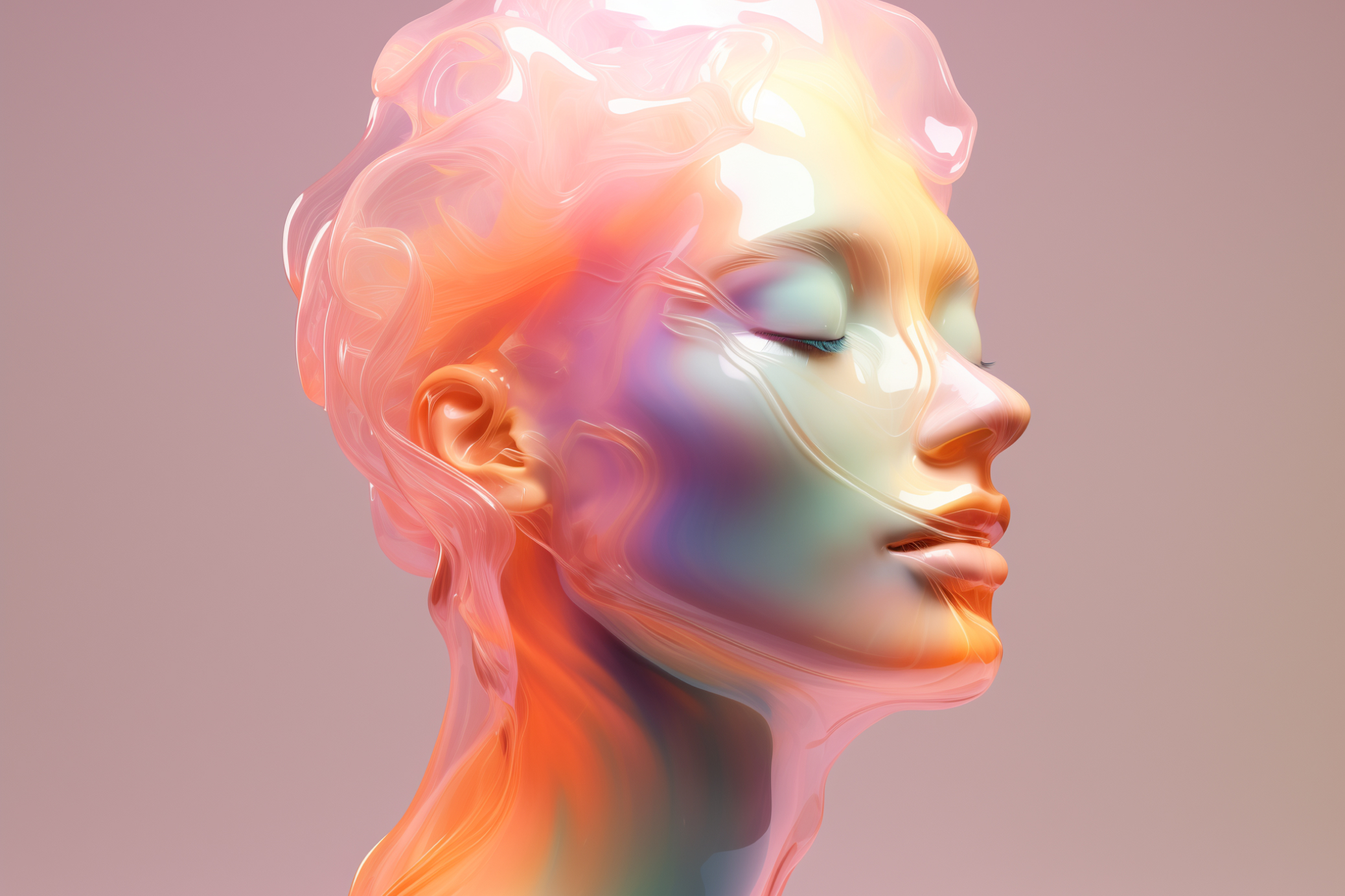 Render 3D generato con AI di una testa umanoide che si dissolve in un velo astratto semitrasparente e lucido dai toni azzuro-rosa