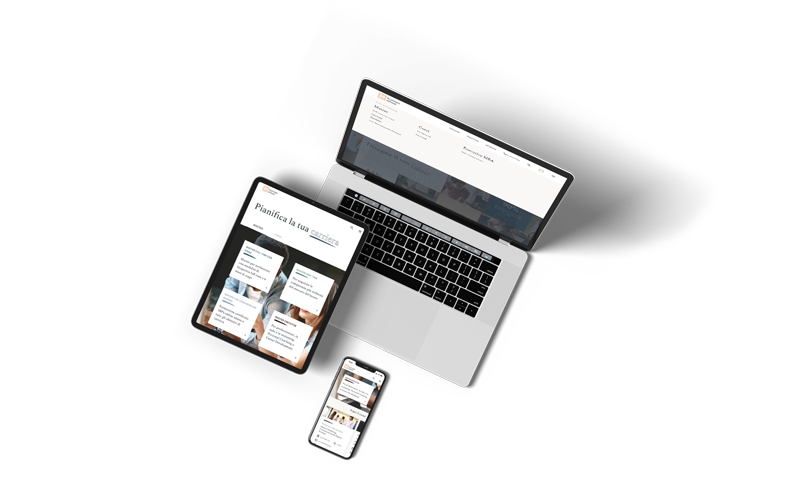 Interfaccia piattaforma 24Ore Business School su laptop tablet e smartphone