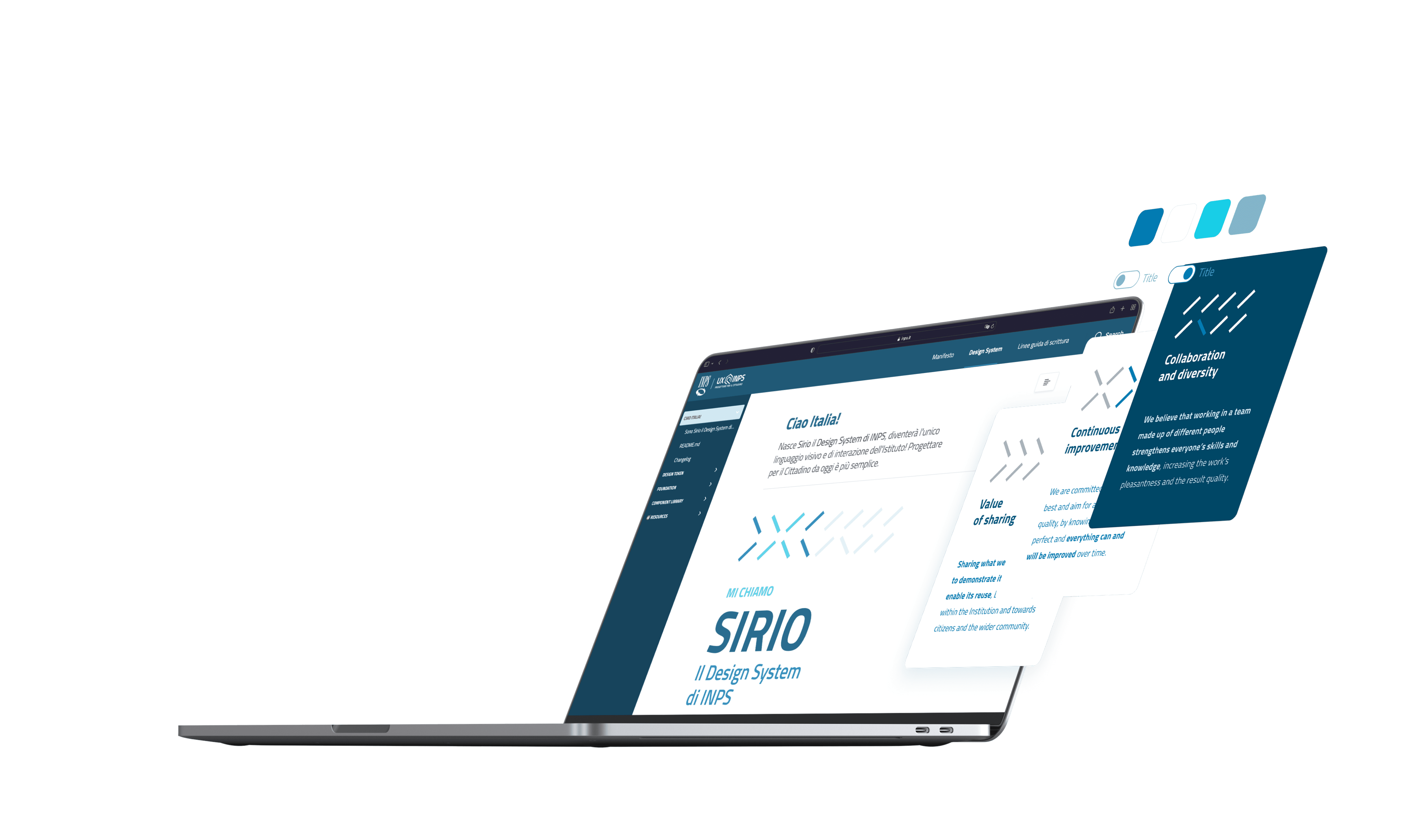 View of the Sirio homepage and various other components of the design system in a laptop